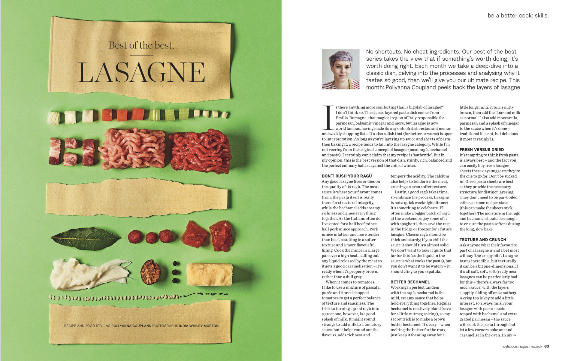 Recipe page with images of ingredients used in lasagna, including ground meat, pasta sheets, and vegetables, set against a green background. Text describes lasagna preparation and tips.