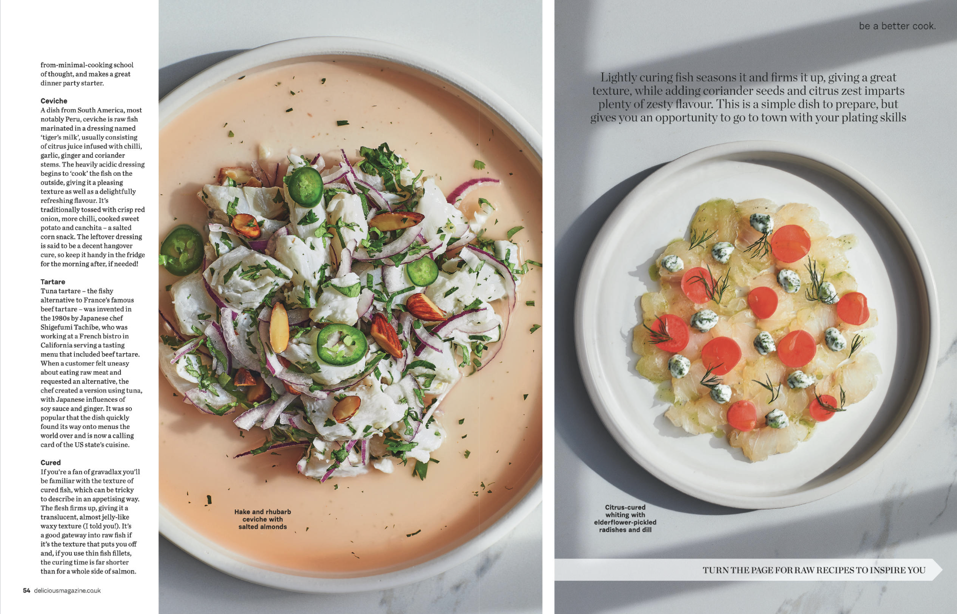 Two plates of ceviche dishes: one with salted almonds, cebiche with rhubarb on the left, and one with elderflower pickled radishes and dill on the right.