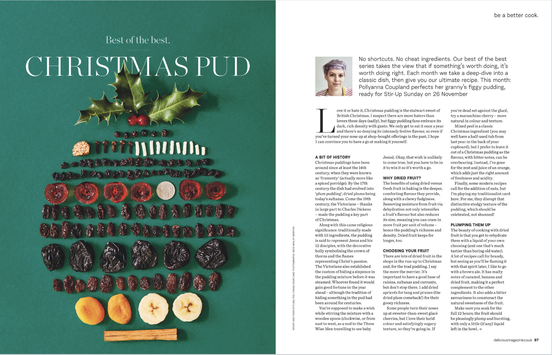 A Christmas pudding shaped like a tree made of dried fruits and nuts, with a garnish of holly and berries at the top, and a cinnamon stick at the base, set against a teal background.