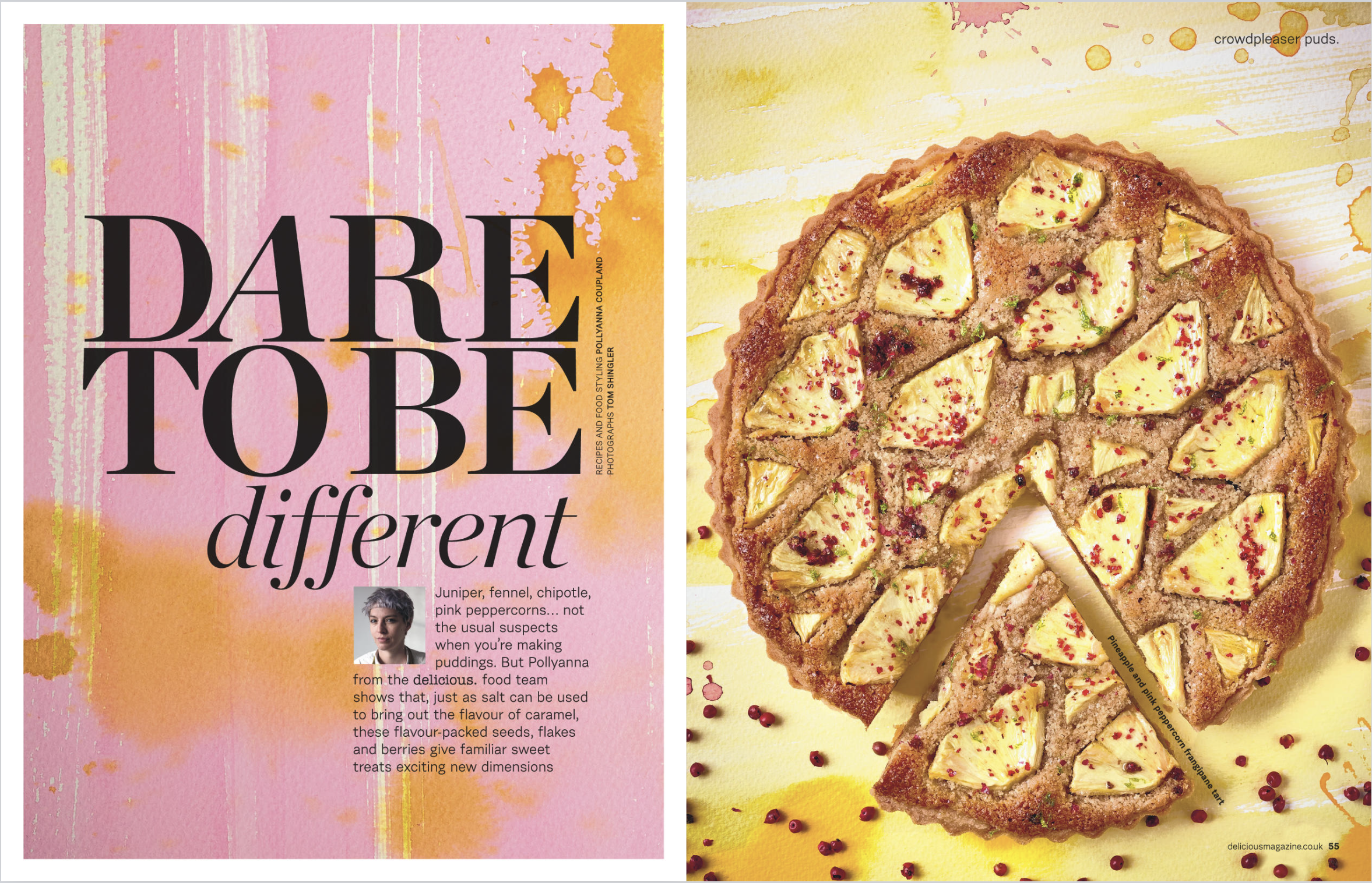 Magazine page with a pink and yellow background featuring a quote about different flavors and a small portrait of a woman, alongside a pineapple and pink peppercorn tart with a slice cut out, sprinkled with pink peppercorns.