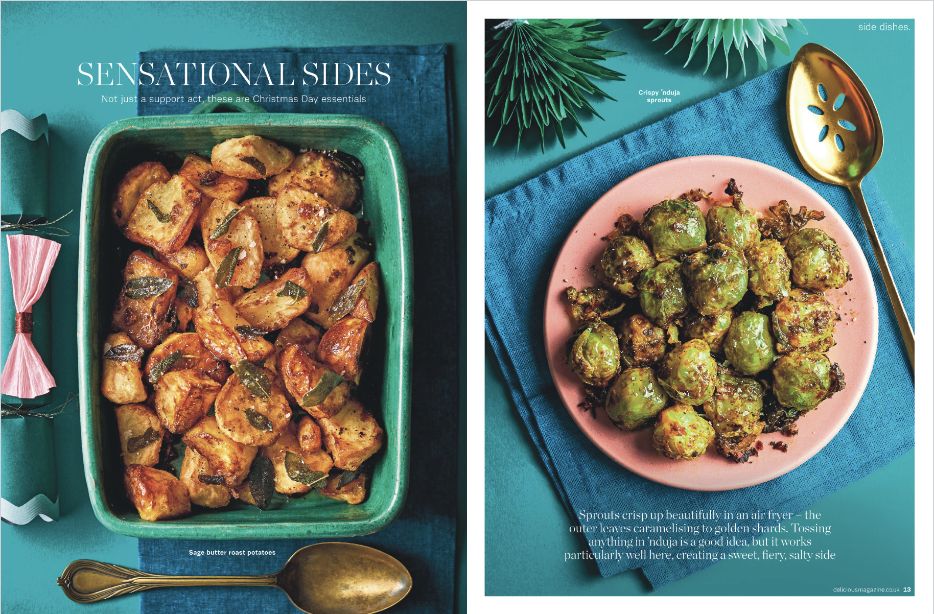 Side-by-side images of Christmas side dishes: Sautéed sage butter roast potatoes in a green dish on the left and Brussels sprouts on a pink plate on the right, with decorative elements and cutlery.