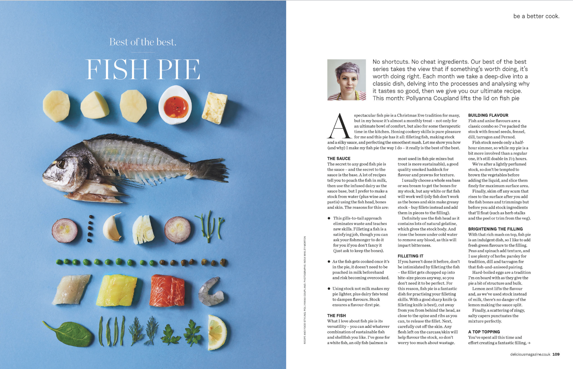 A magazine page showing a fish pie recipe with an image of a whole fish, various ingredients including potatoes, herbs, vegetables, and seasonings laid out on a blue background, with instructions and tips on making fish pie.