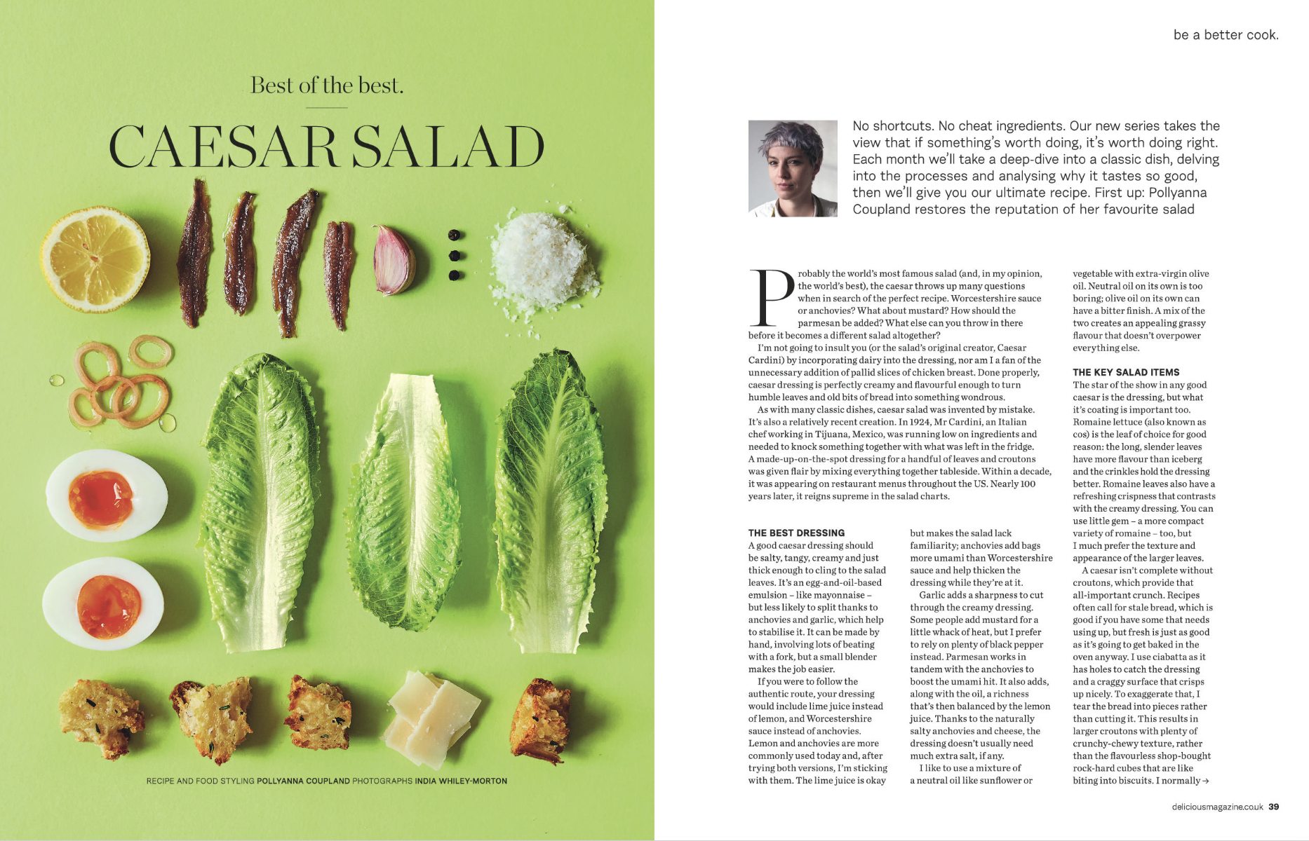 A bright green background with an arranged Caesar salad ingredients including lemon slice, anchovies, garlic, parmesan cheese, lettuce, cherry tomatoes, croutons, egg halves, and onion rings, with black text for the article title 'Best of the best. C