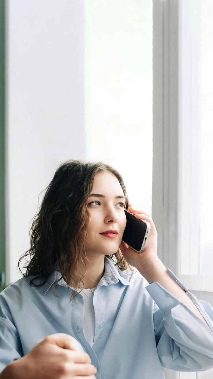 Woman with curly hair talking on a cellphone near a window.