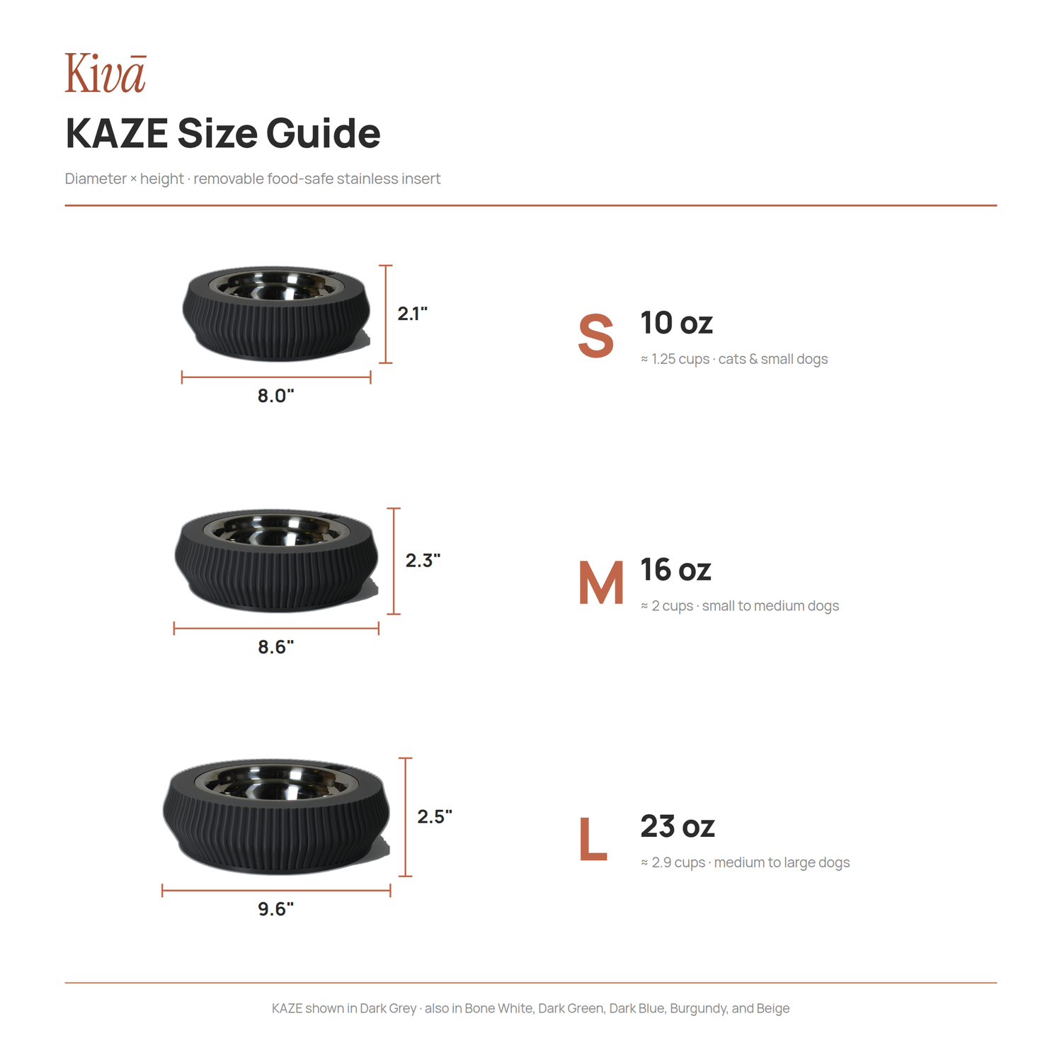 KAZE size guide showing small, medium, and large bowls with diameter, height, and capacity.