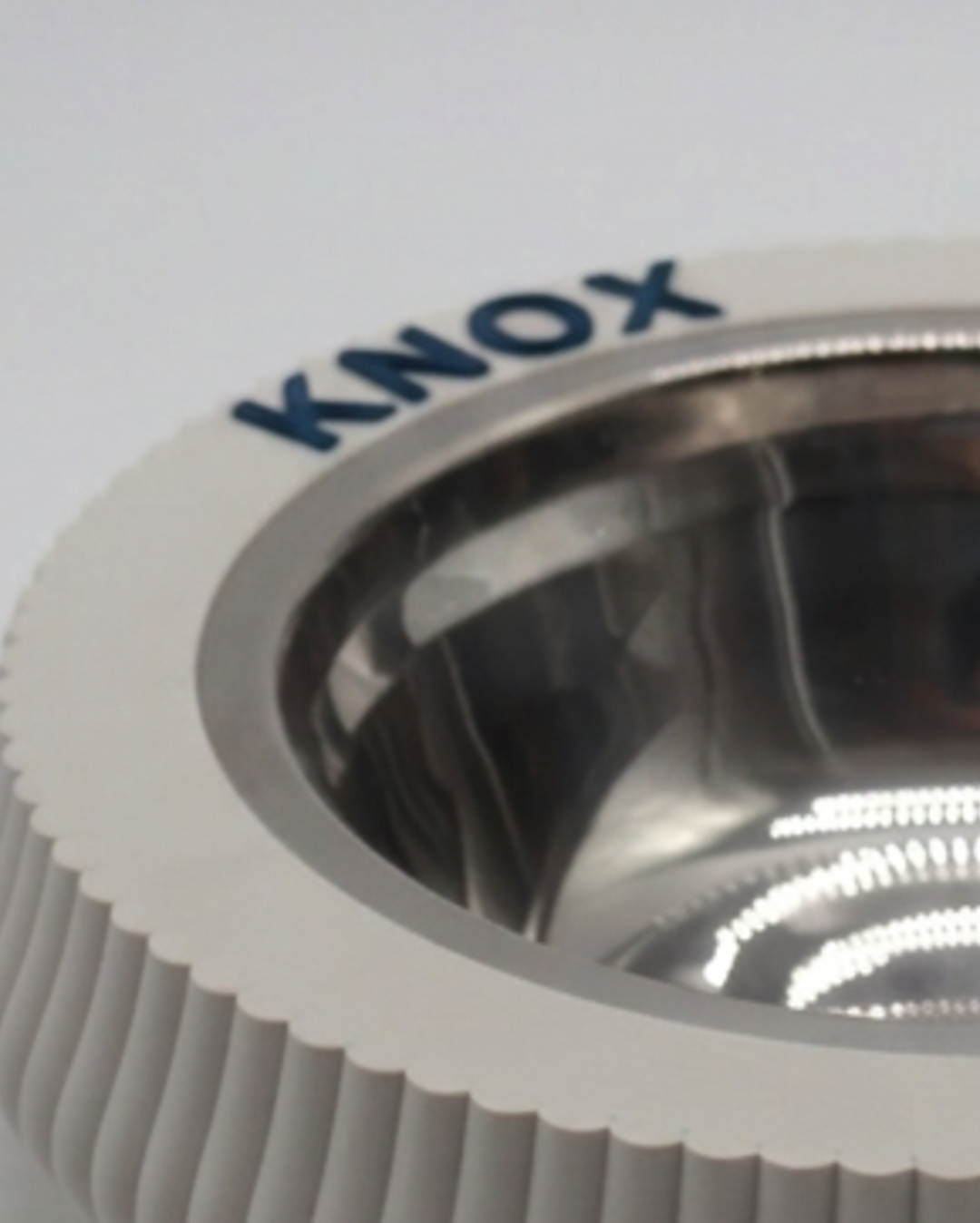 Close view of the rim of a Bone White KAZE pet bowl, the name KNOX in raised dark blue letters beside the stainless insert.