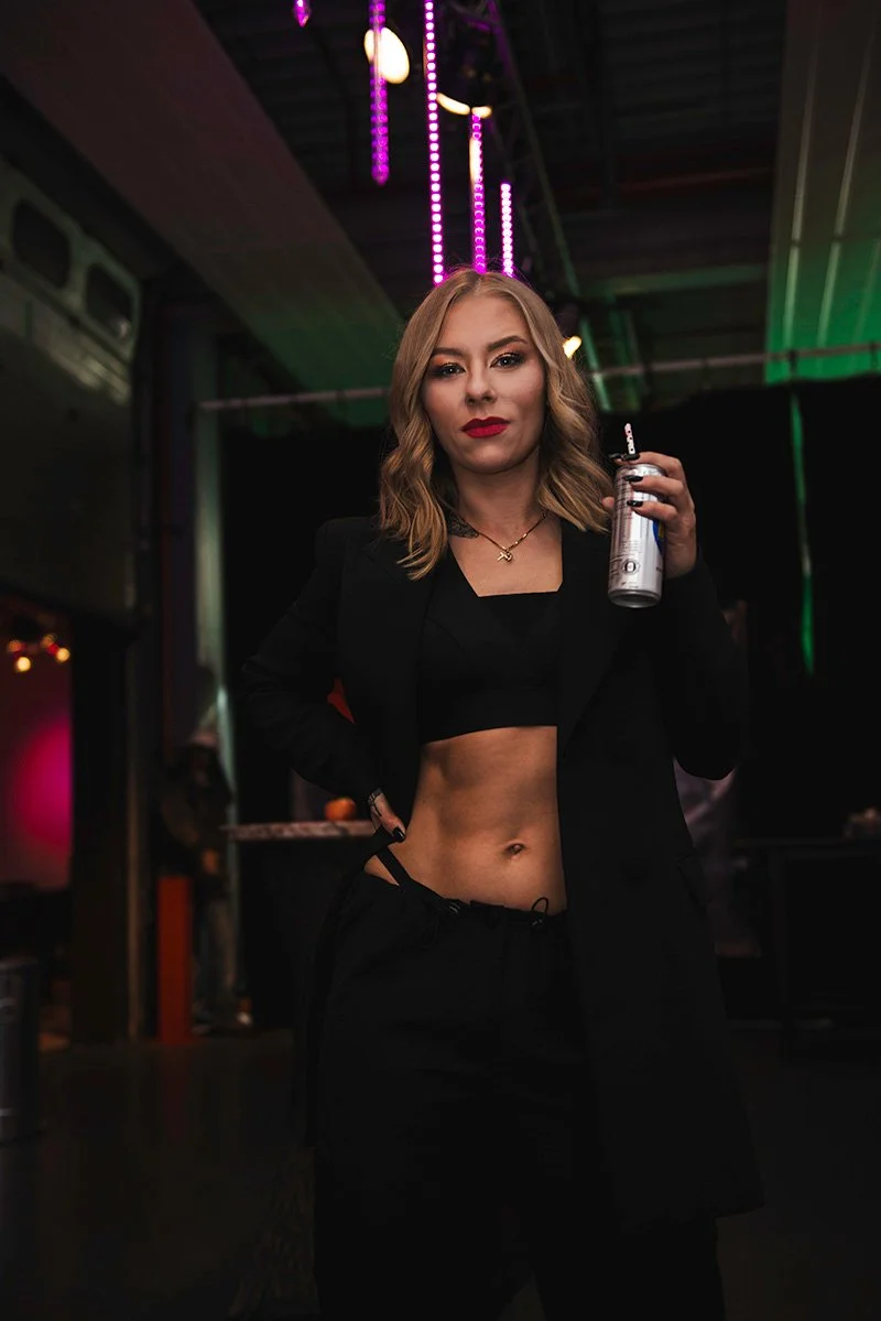 model photoshoot, colorful lights in the background, studio session, blond model, Izabela Bartnicka photography, portrait photoshoot