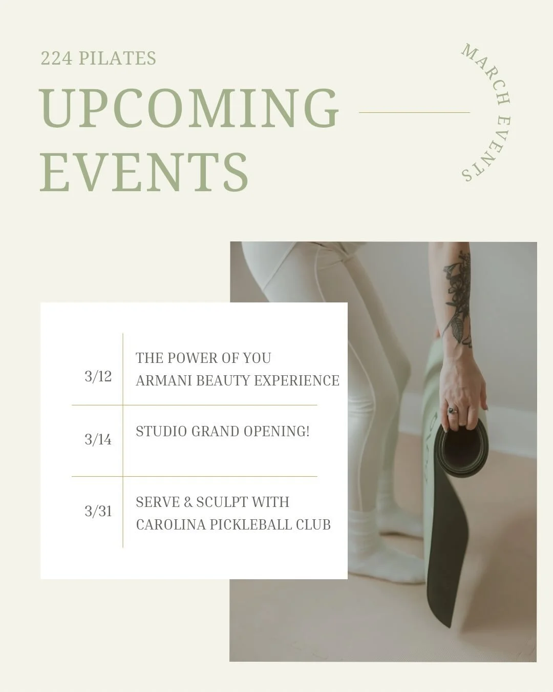 March at 224 is not playing small.

Grand Opening.
A luxury beauty collaboration.
Pickleball x Pilates.
Community. Movement. Moments.

This month is about stepping into strength, confidence, and connection &mdash; inside and outside the studio. 

Spo