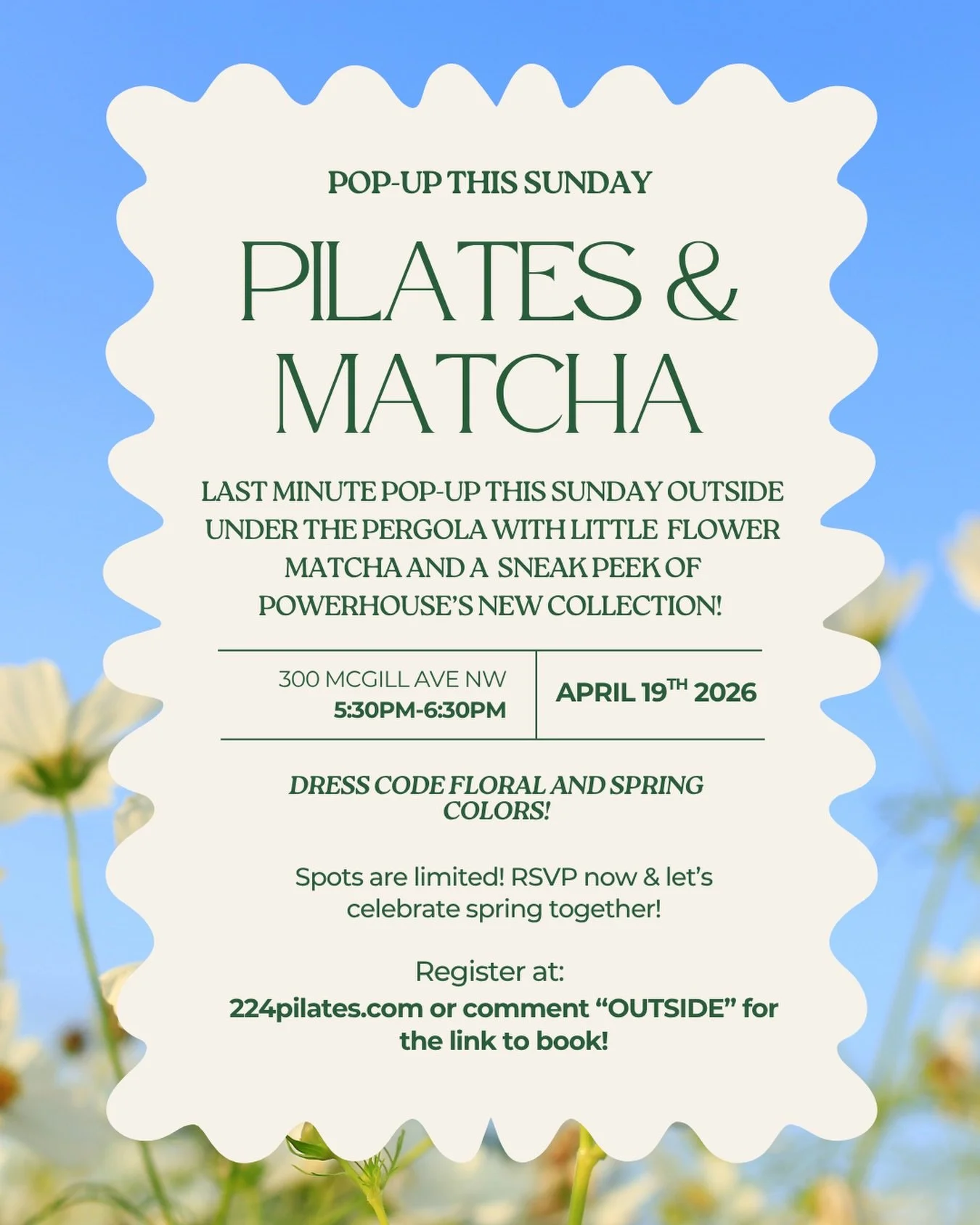 Last minute pop-up this weekend! Sunday evening (4/19) at 5:30pm! Come move with us and enjoy an evening under the pergola with 224, @littleflower.matcha , and @the.powerhouse.brand ! We can&rsquo;t wait to see you!