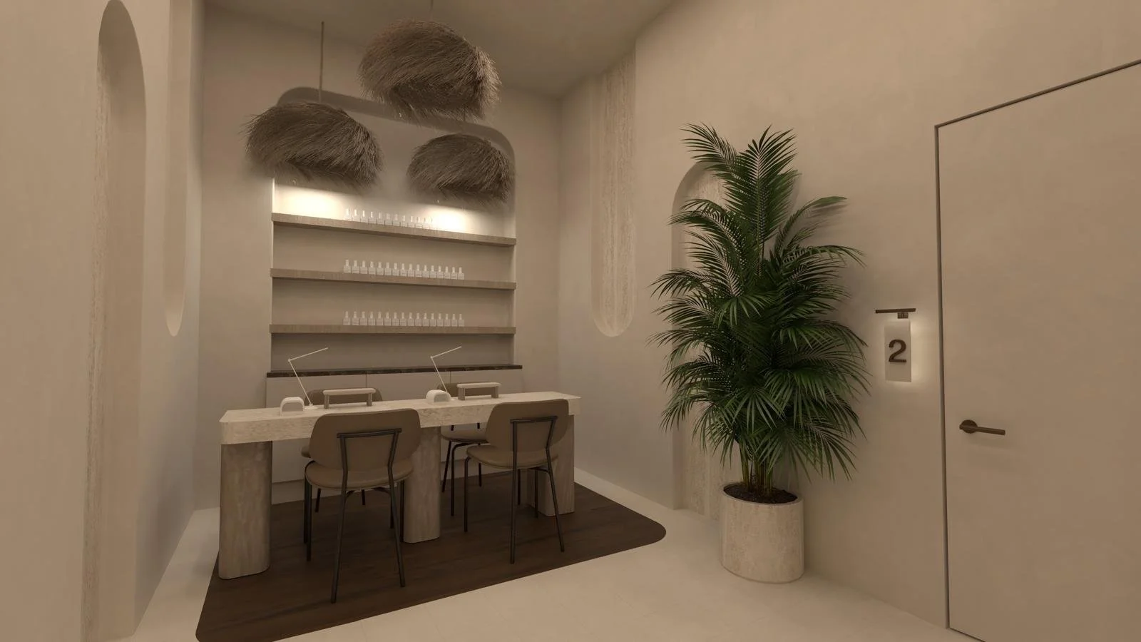 A modern, minimalist nail salon or spa interior featuring a nail station with three chairs, large green potted plant, and decorative wall accents with shelves and fur-like decor.