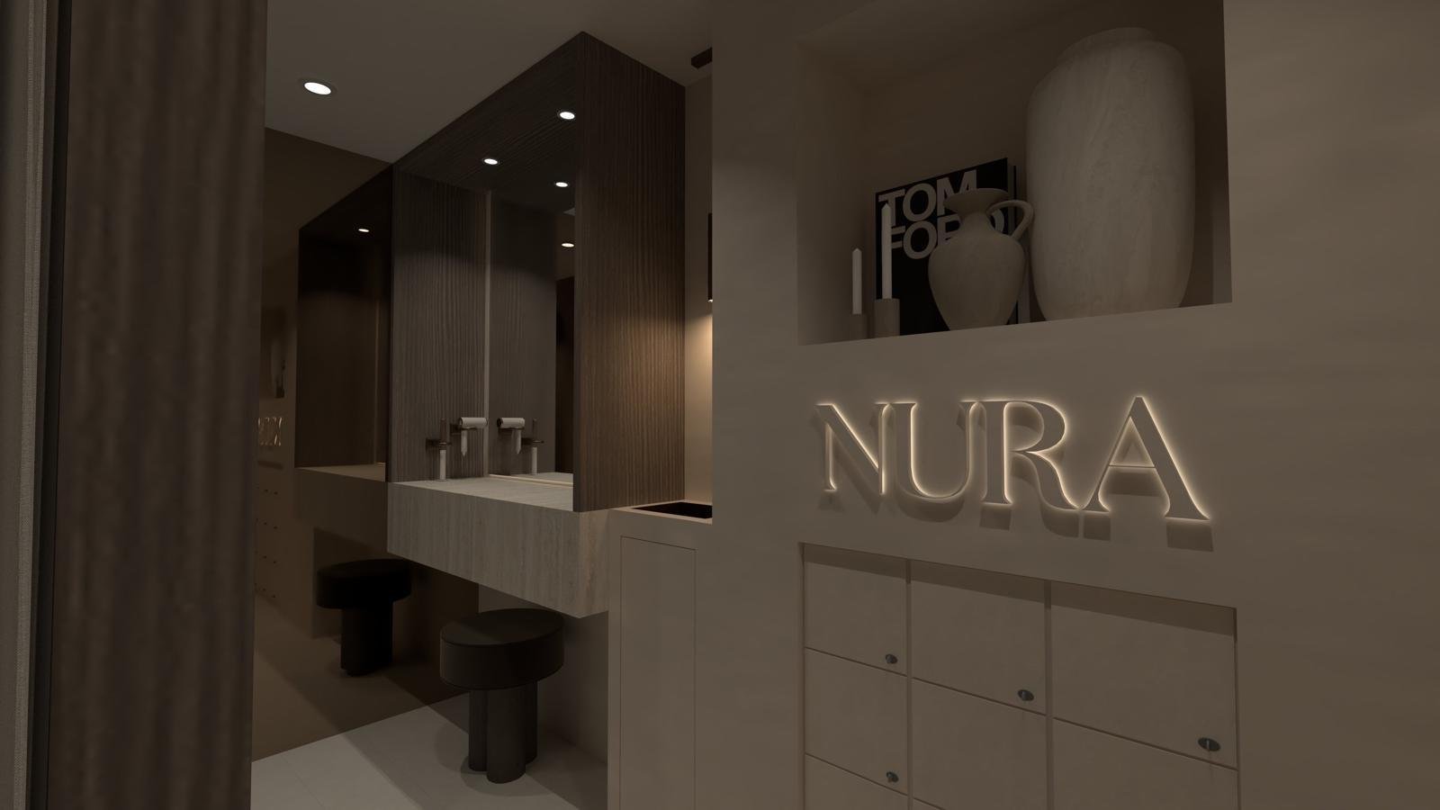 Modern bathroom with beige and wood accents, featuring sinks, stools, and decorative vases with the illuminated sign 'NURA' on the wall.