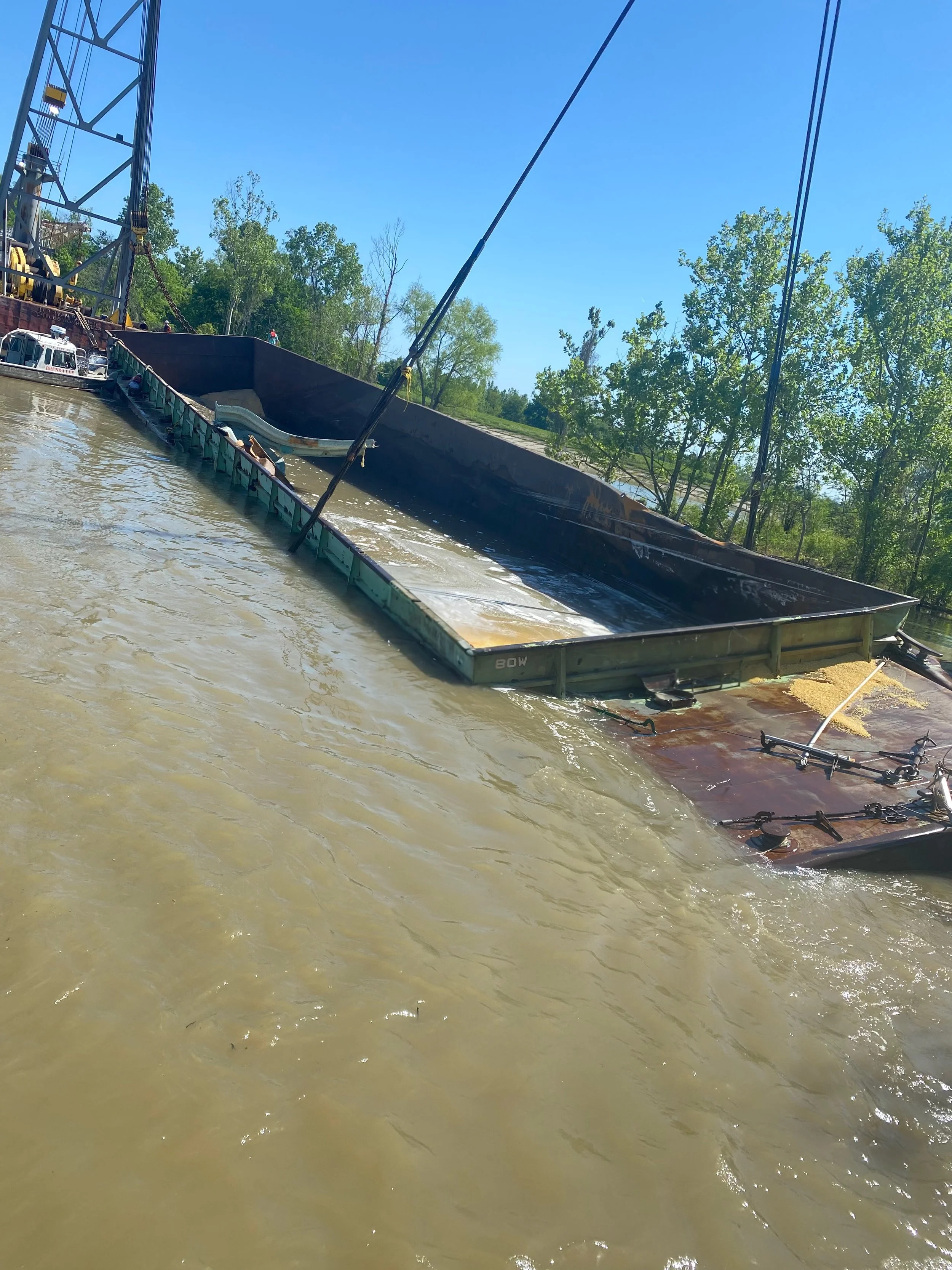 Image of a partially submerged, overturned barge or flatboat in a river with a yellowish-brown color, with trees and a blue sky in the background.