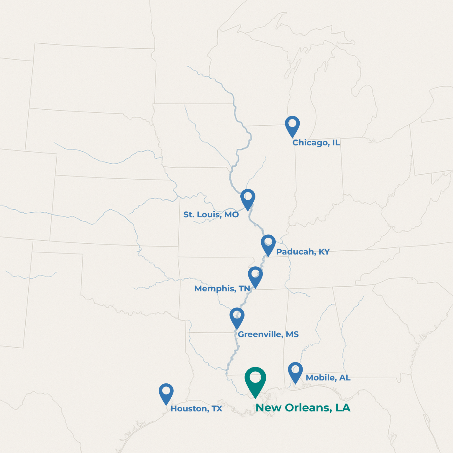 Map of the central United States showing a route of cities including Houston, TX; New Orleans, LA; Greenville, MS; Memphis, TN; Paducah, KY; St. Louis, MO; Chicago, IL; Mobile, AL, with marked points indicating each city.