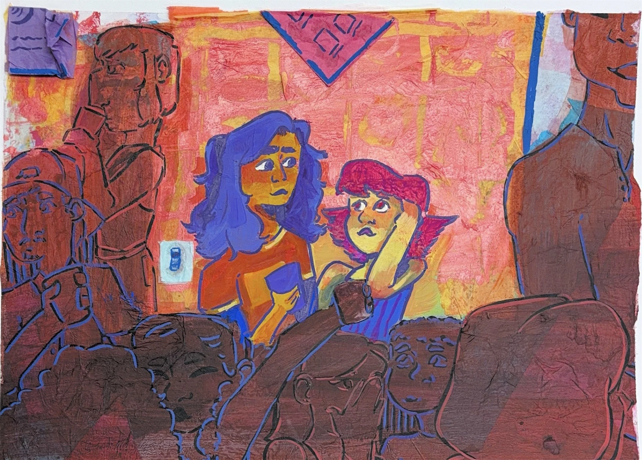 Meeting at the party (tissue paper, acrylic paint, gel printing, acrylic gouache)(2026)
