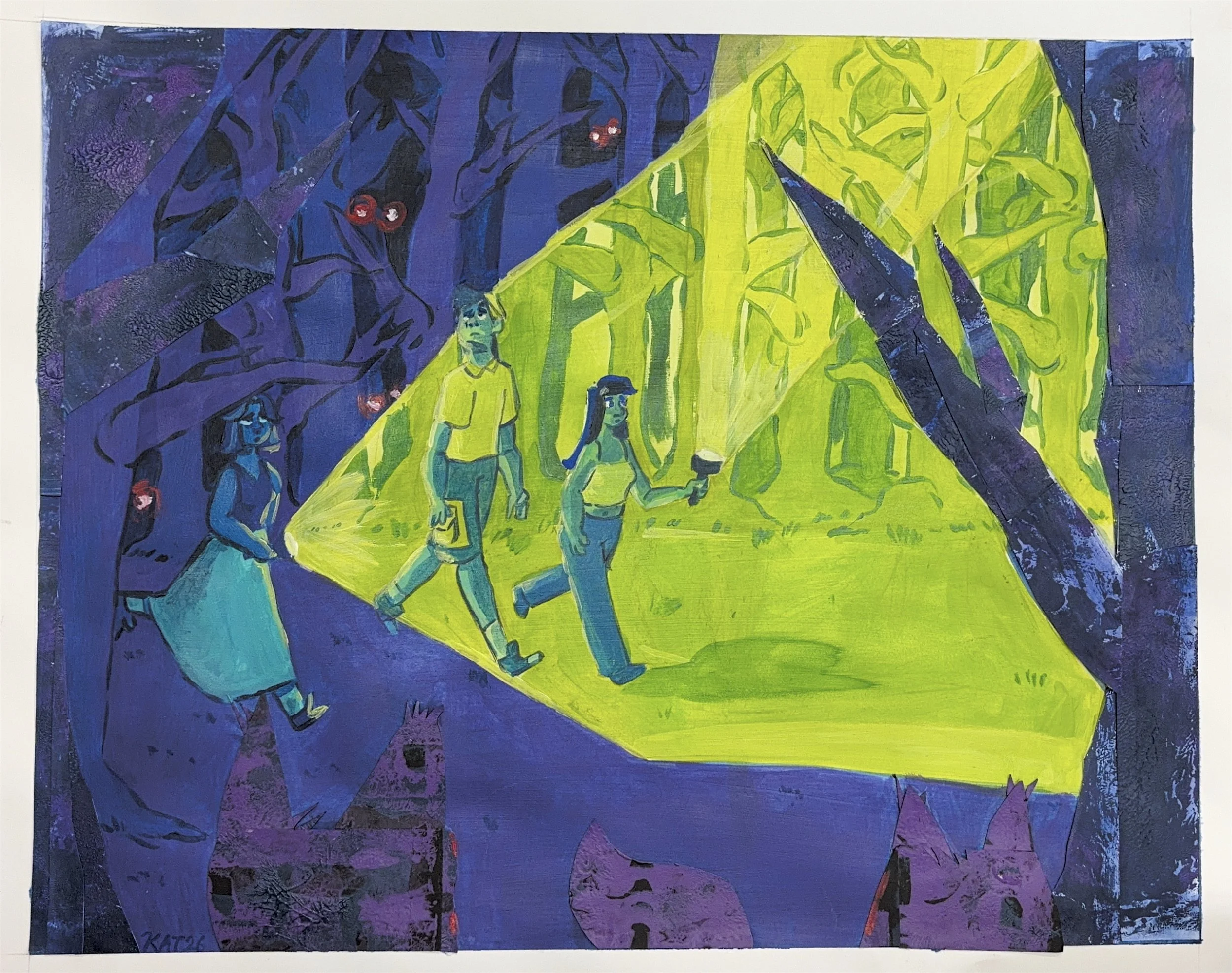 A night in the woods (college, gel printing, acrylic paint)(2026)