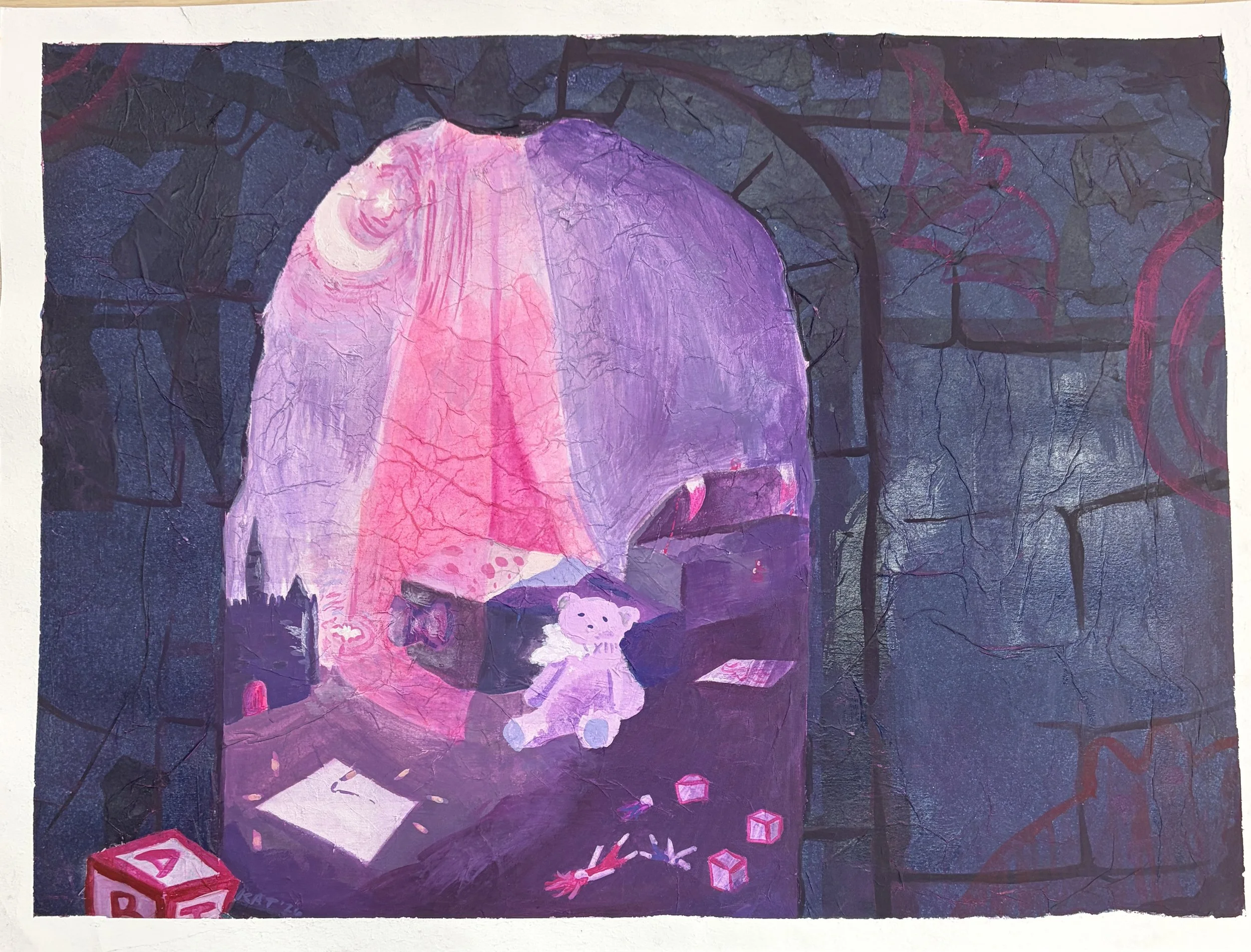 The Vampire's Bedroom (tissue paper, acrylic gouache, acrylic marker)  (2026) 