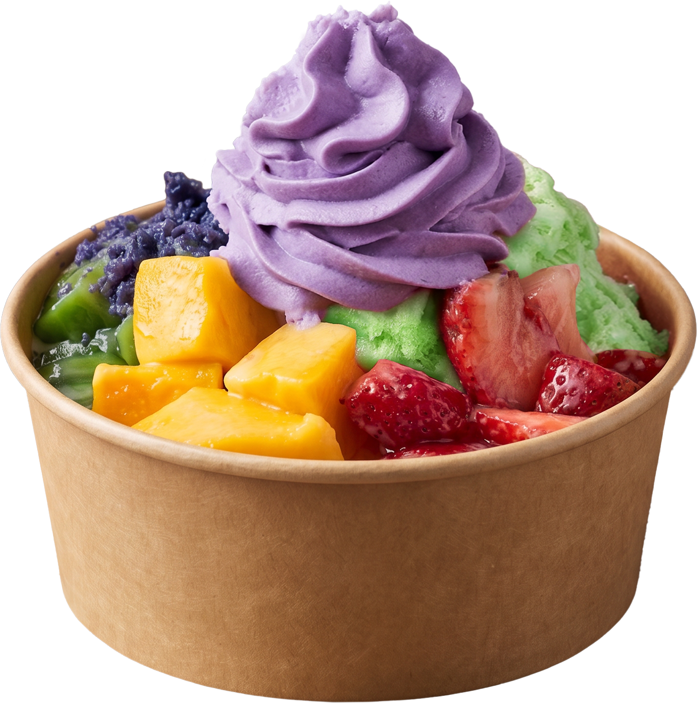 Pandan Snow Bowl with pandan mochi, cassava cake, rice krispies, and choice of two fruit toppings.