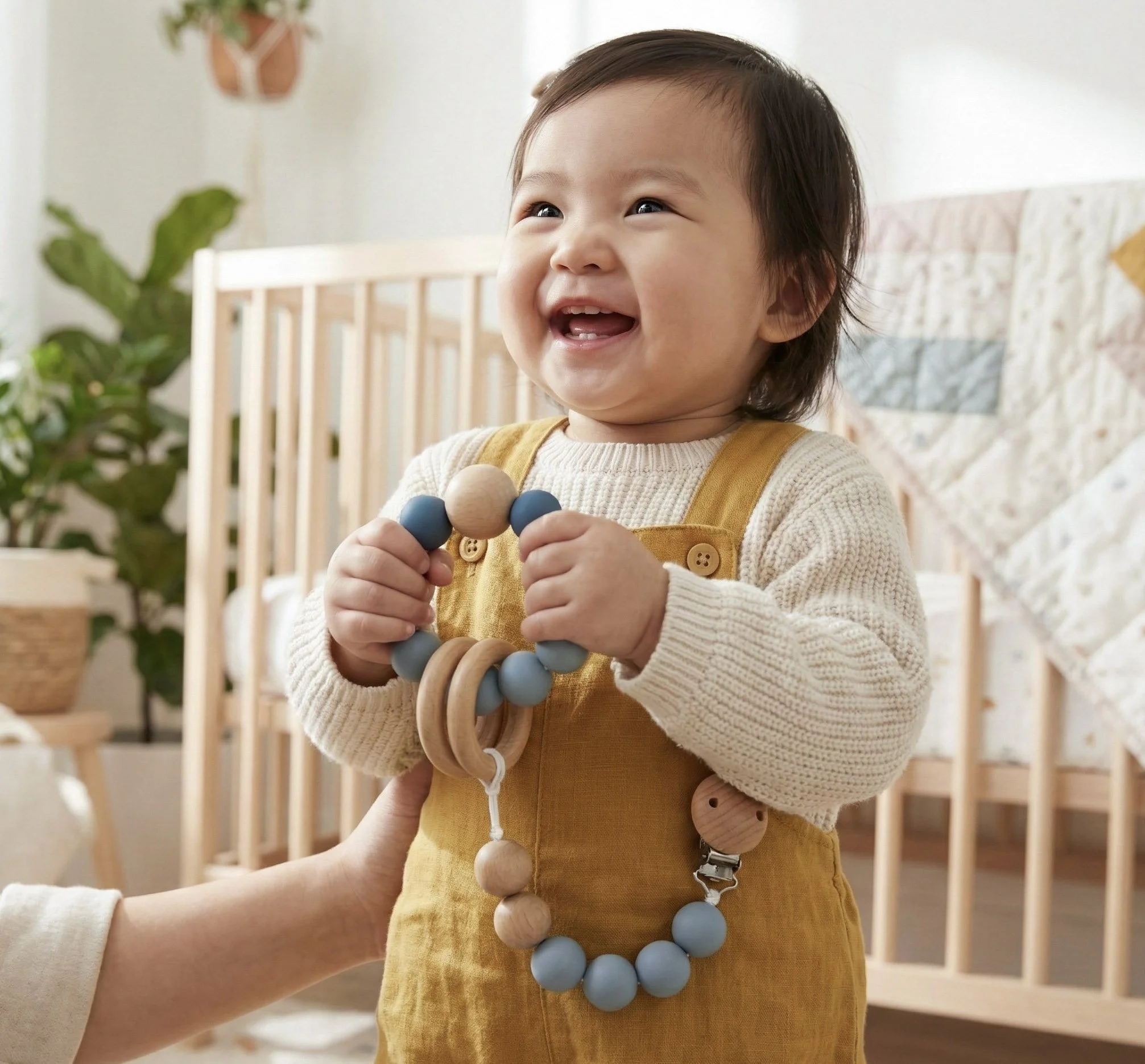 A happy baby wearing mustard-colored overalls and a cream sweater, holding a teething toy with wooden and blue beads in a nursery.