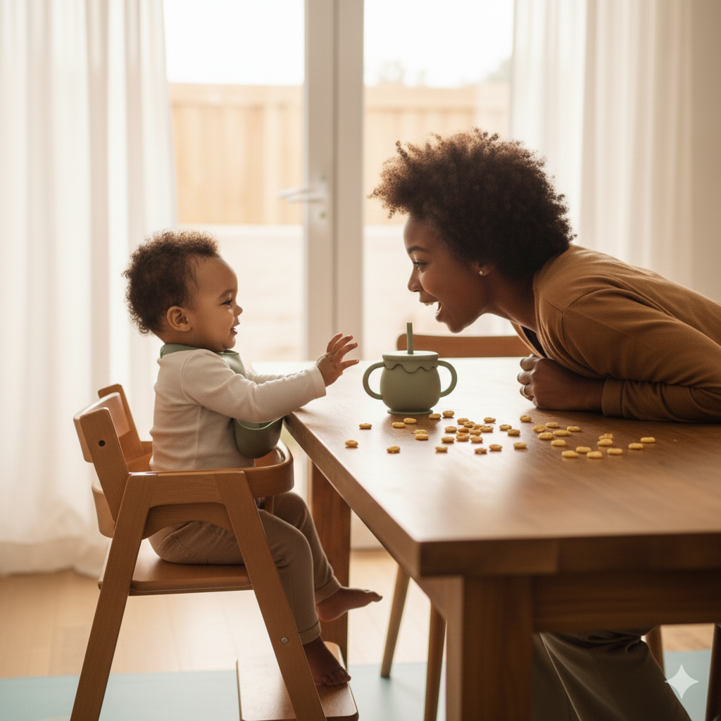 A woman and a toddler sitting at a wooden table, smiling at each other, with snacks and a sippy cup on the table during daytime.