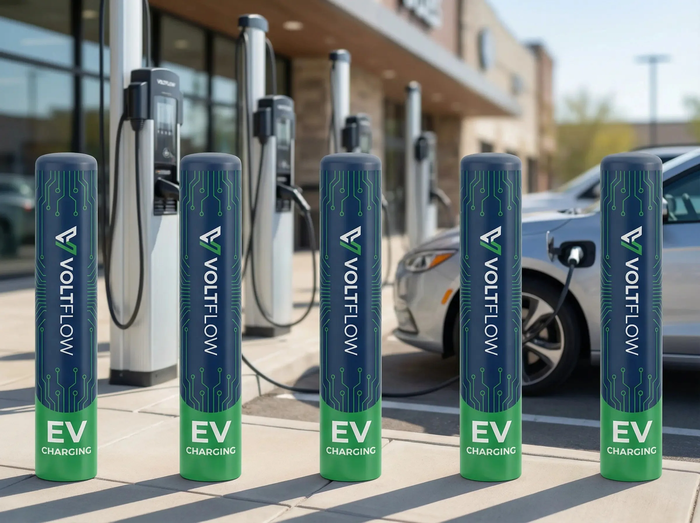 Six electric vehicle charging stations with green and blue design, labeled EV Charging, and a silver electric car plugged into one of the chargers.