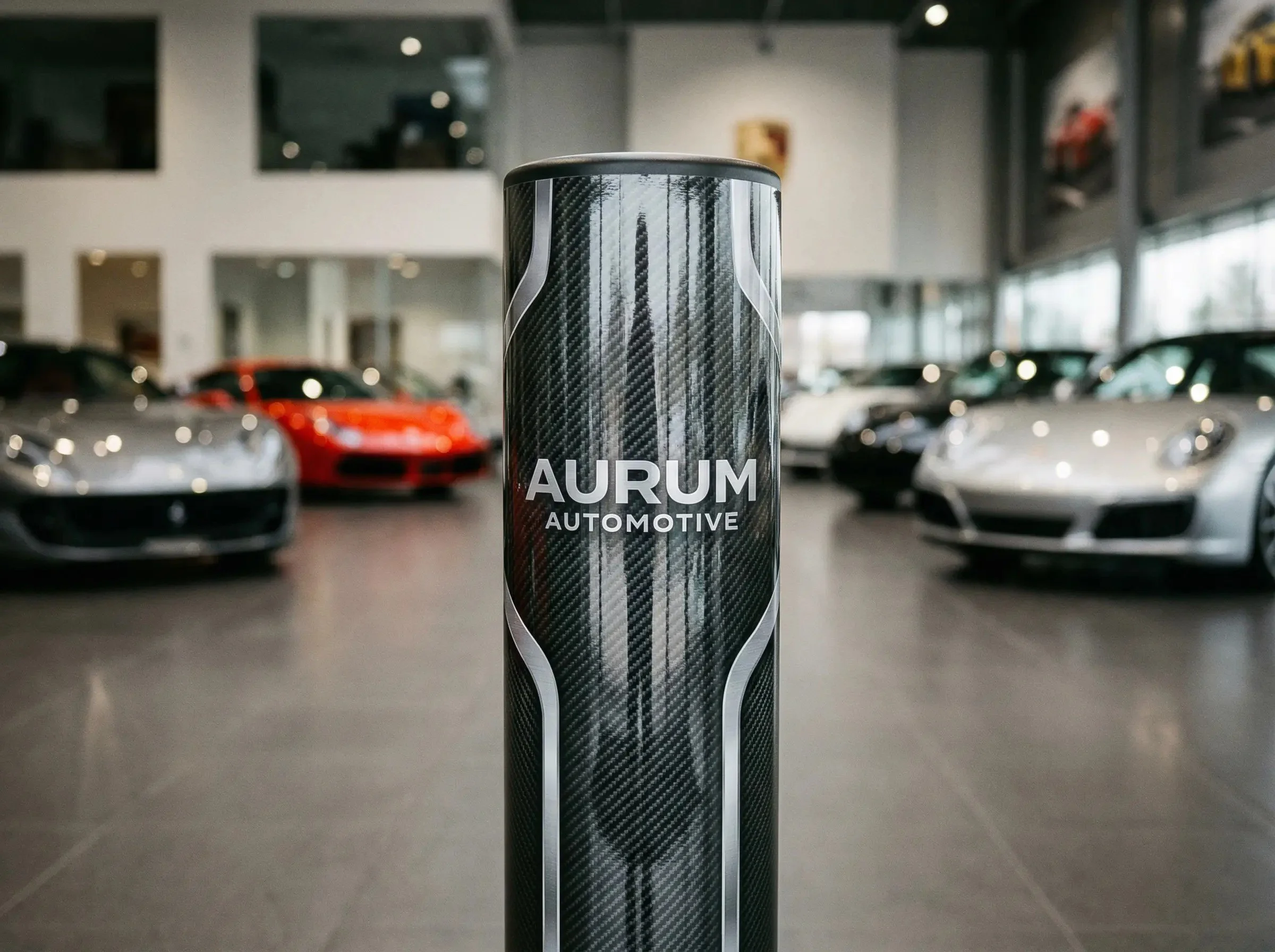 A cylindrical object with a carbon fiber texture and the words 'AURUM AUTOMOTIVE' on it, standing in a car showroom with luxury vehicles in the background.