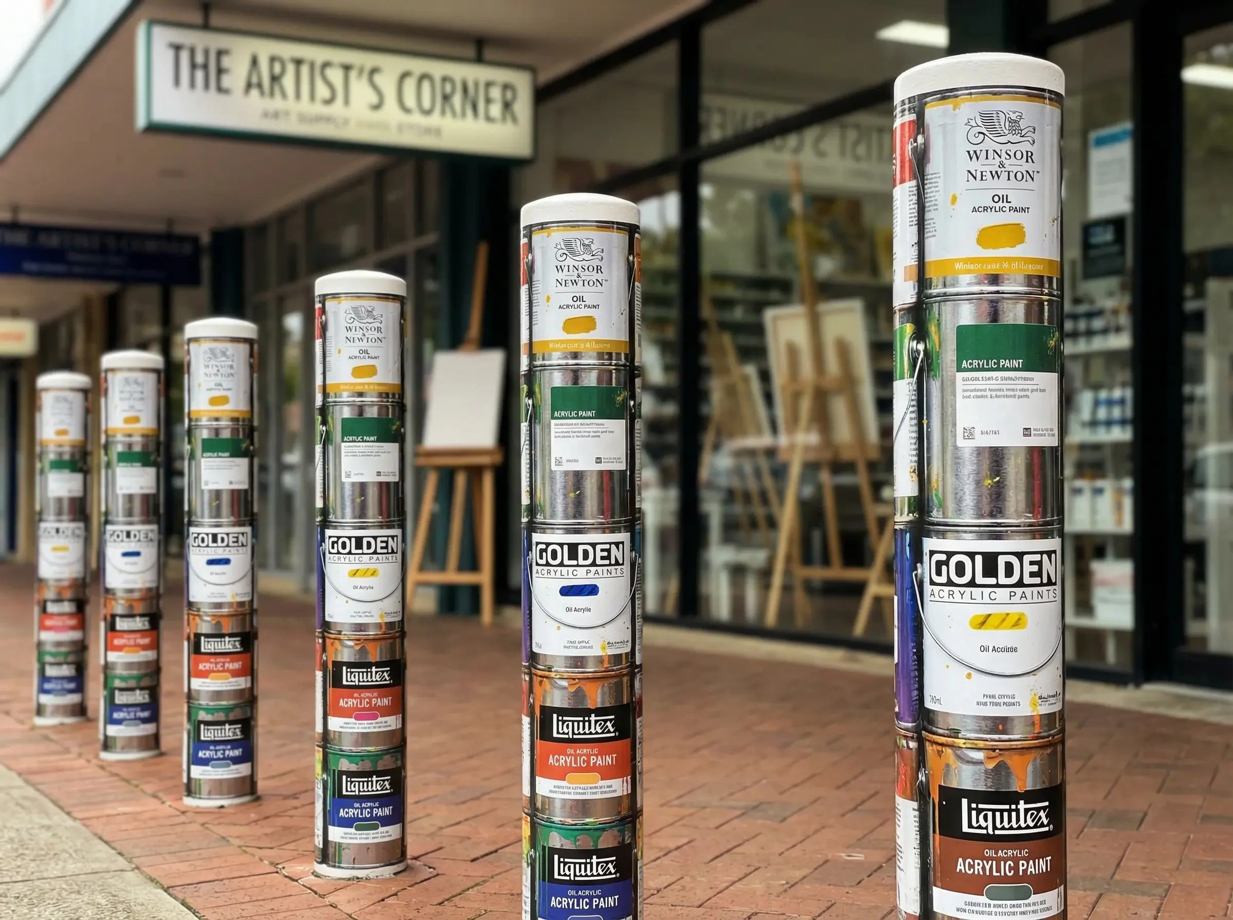 A row of large vertical metal canisters filled with various shades of acrylic paint, standing outside an art supply store with an 'Artisan's Corner' sign in the background.