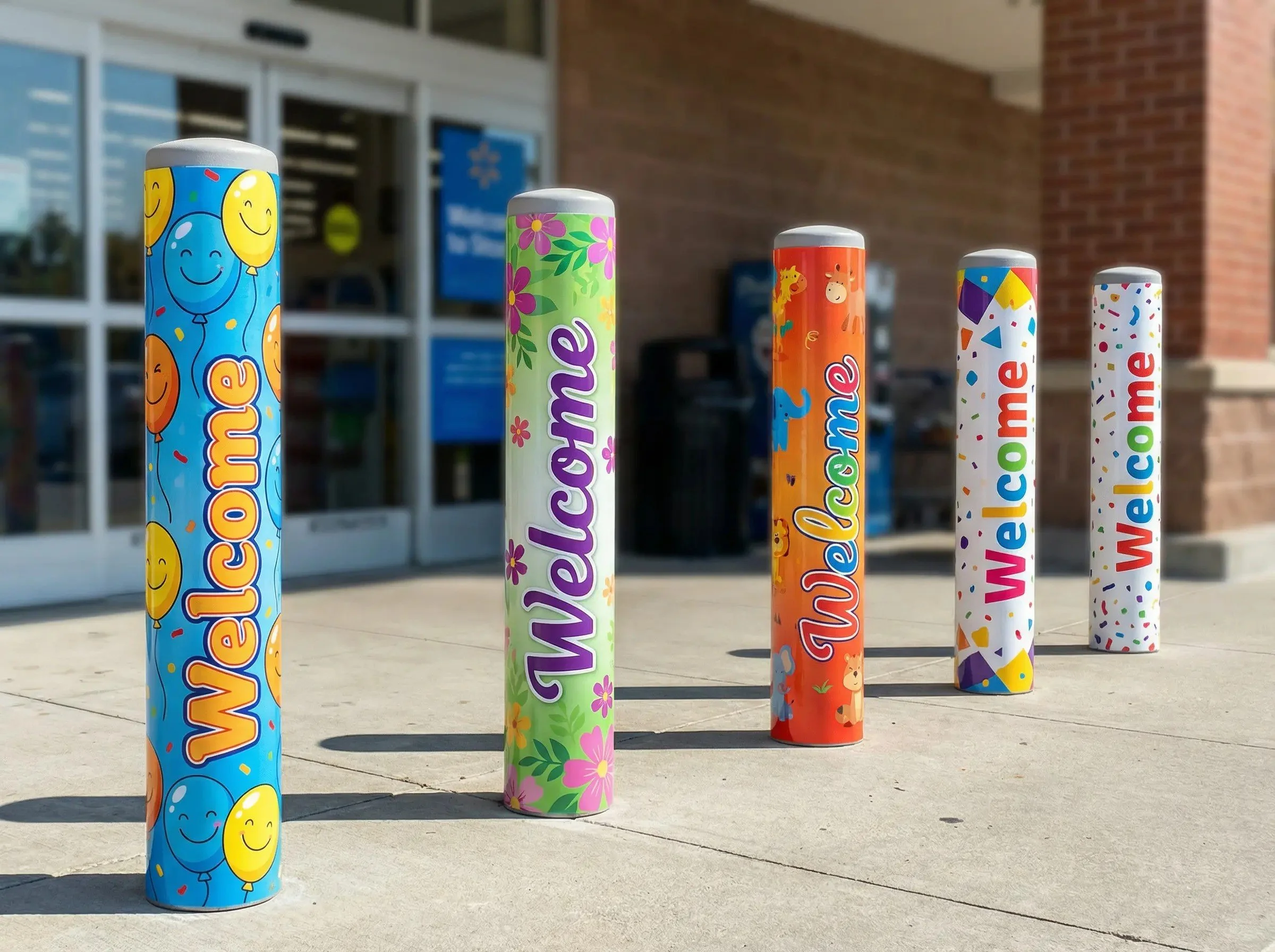 Six colorful cylindrical posts with greetings such as 'Welcome' and 'Welcome' in different font styles and decorations, standing outside a building.