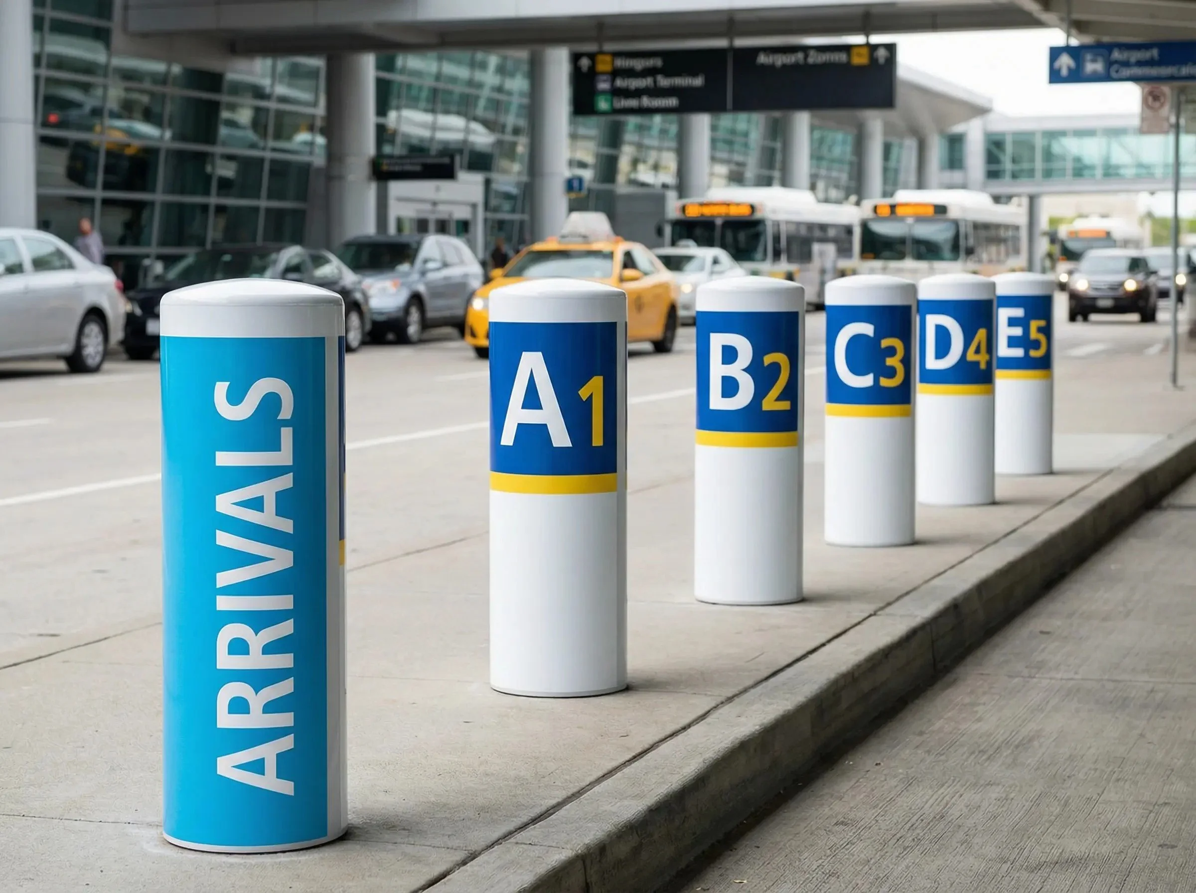 Airport baggage claim signs with numbered sections labeled A1 through E5, with taxis and vehicles in the background at an airport terminal.