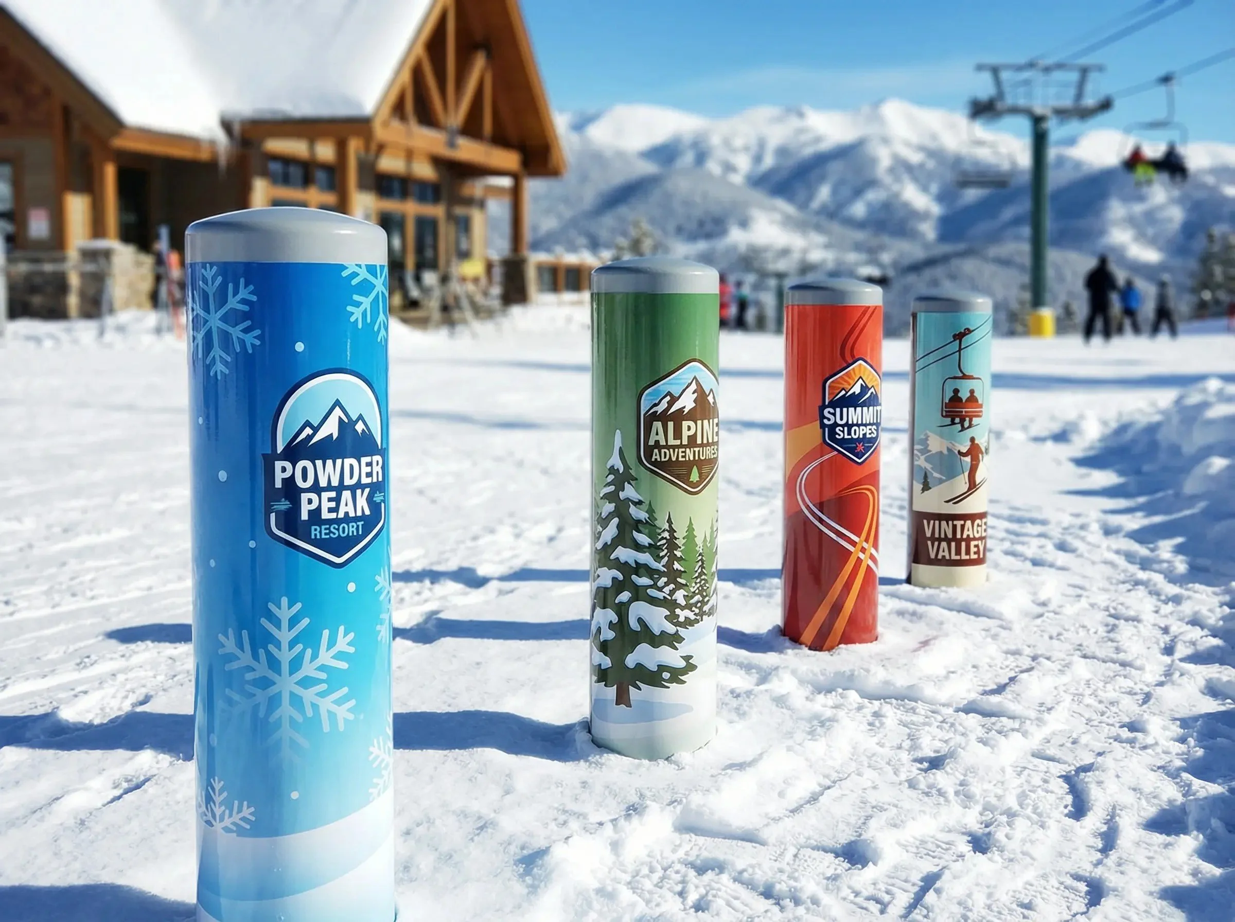 Colorful ski resort poles on snow with a mountain lodge and snow-capped mountains in the background.