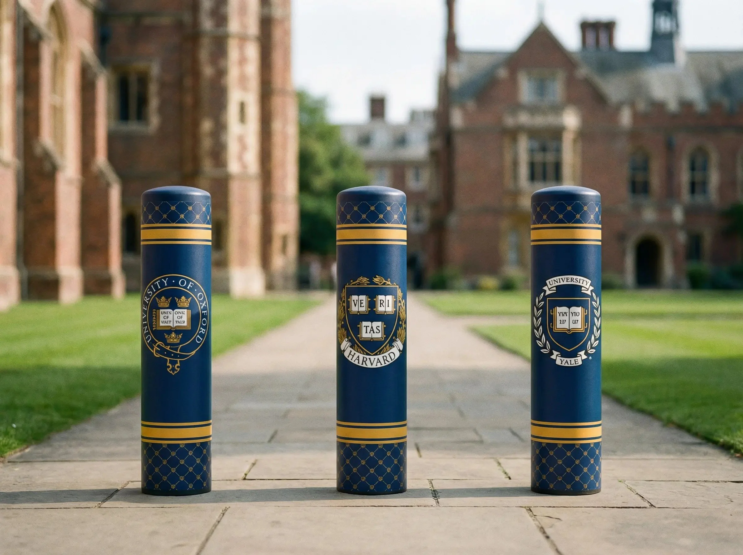 Three blue and gold university bollards with Harvard, Yale, and University of Oxford logos on a university campus walkway.