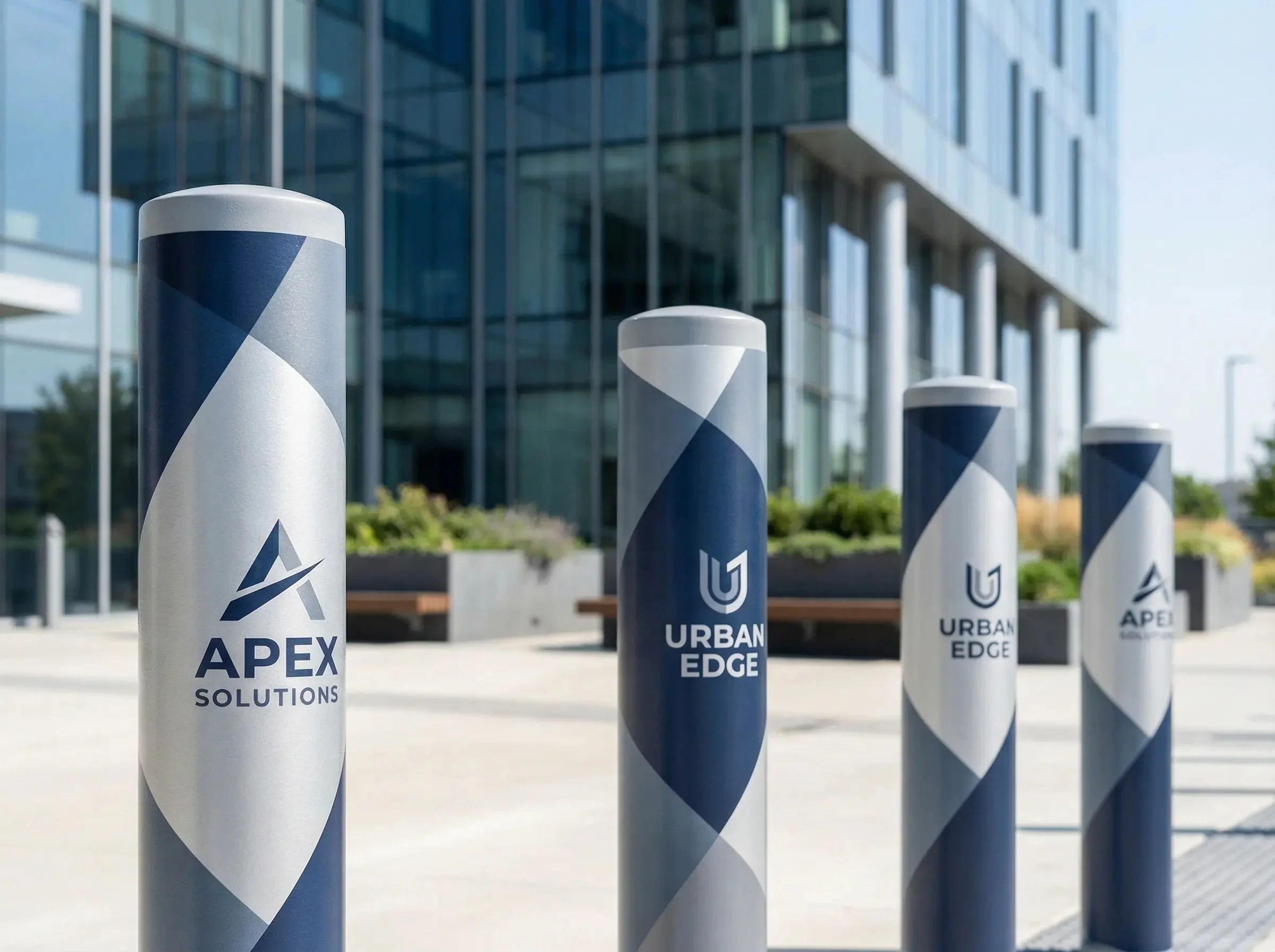 Four security bollards with logos in front of a modern glass office building.