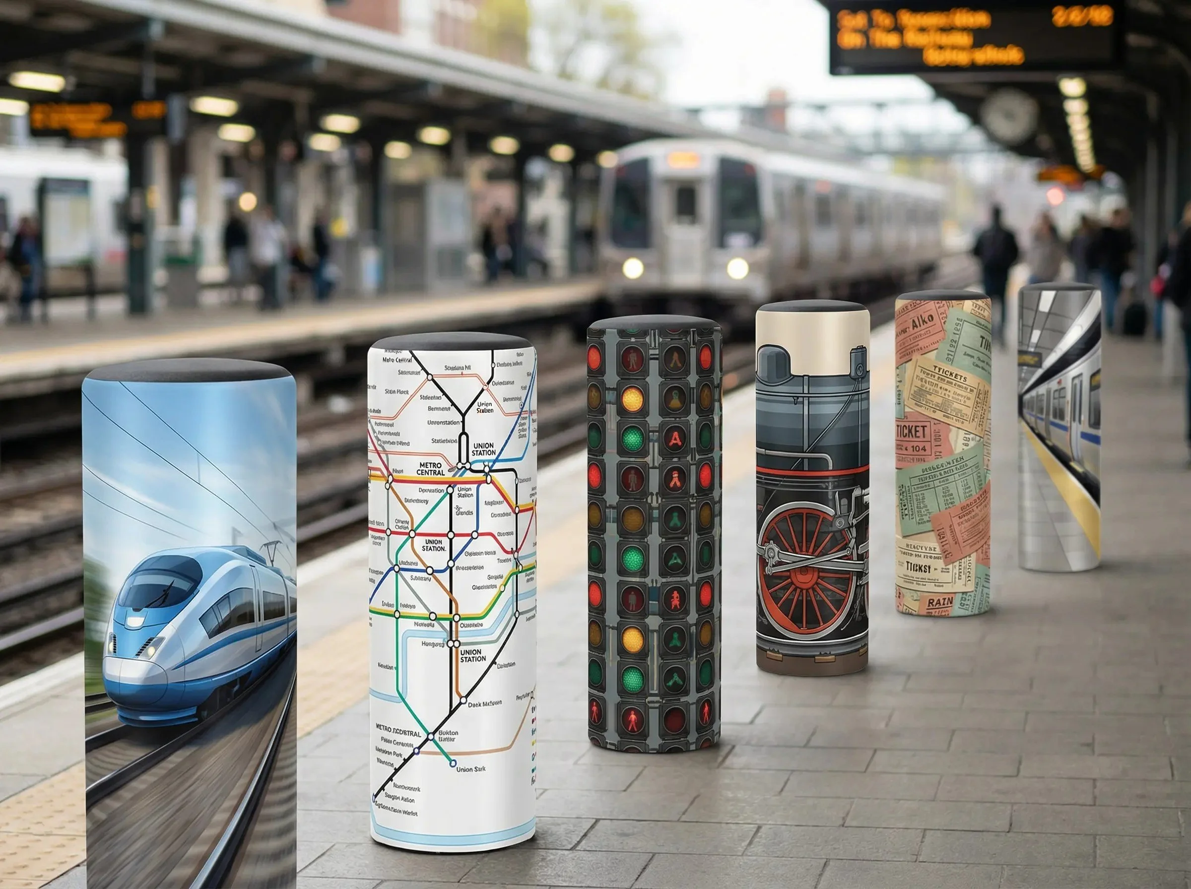 Six cylindrical posters with transportation-themed designs on a train station platform, with a train arriving in the background.
