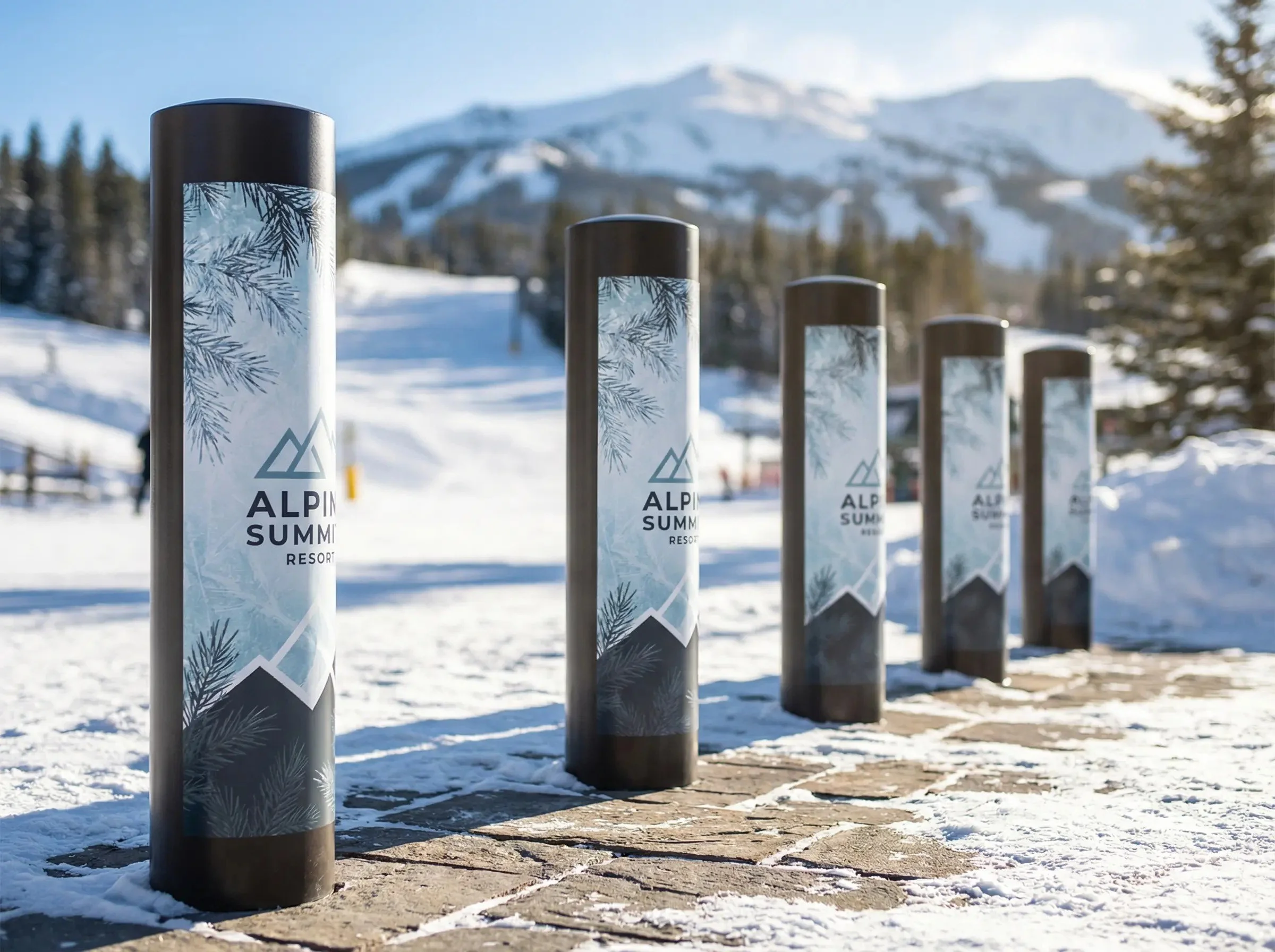 Multiple black bollards with winter-themed graphics and the words 'Alpine Summer Resort' in a snowy mountain landscape.