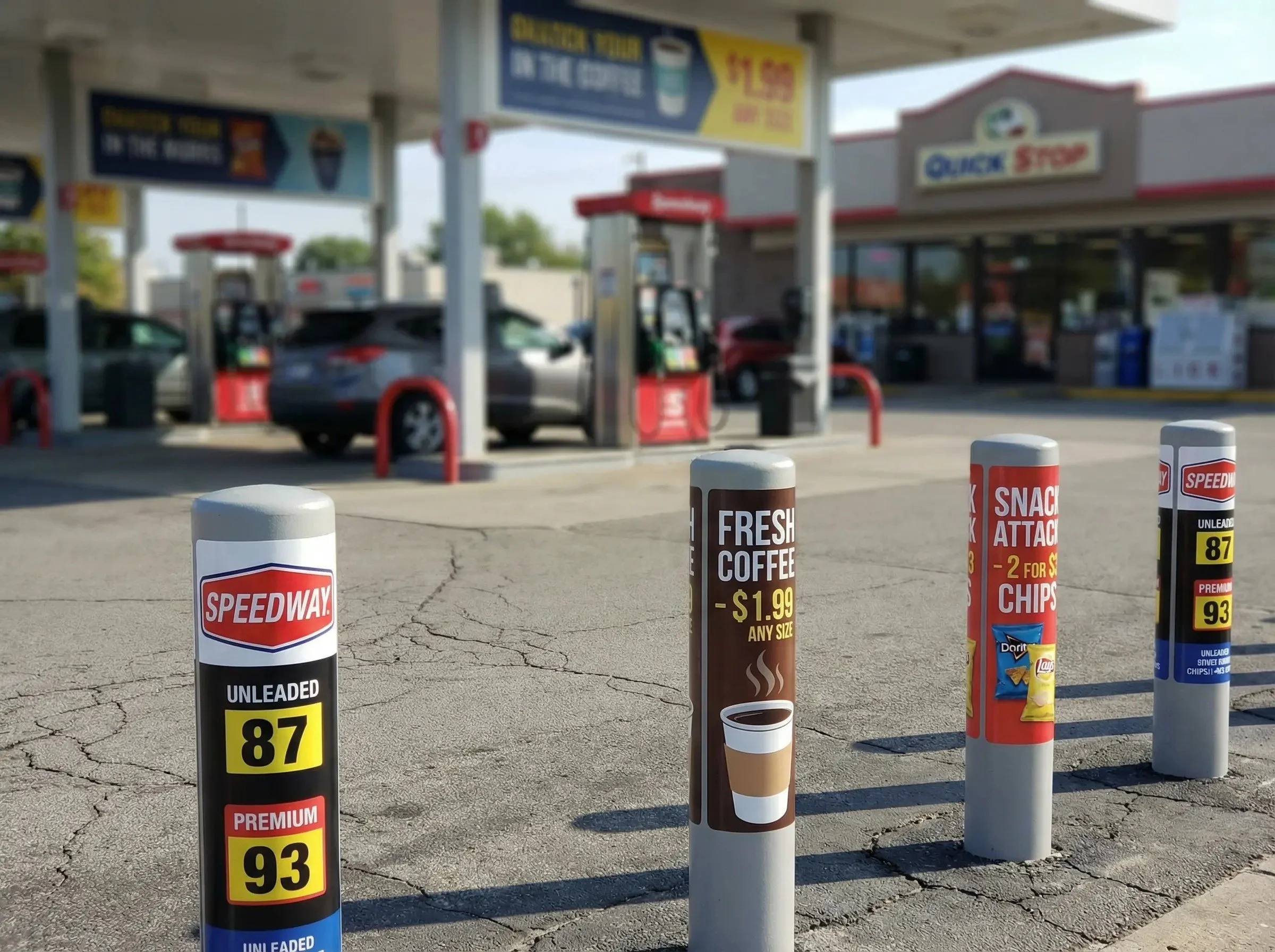 Gas station with four fuel price posts in the foreground, a Quick Stop convenience store, and cars at fuel pumps in the background.