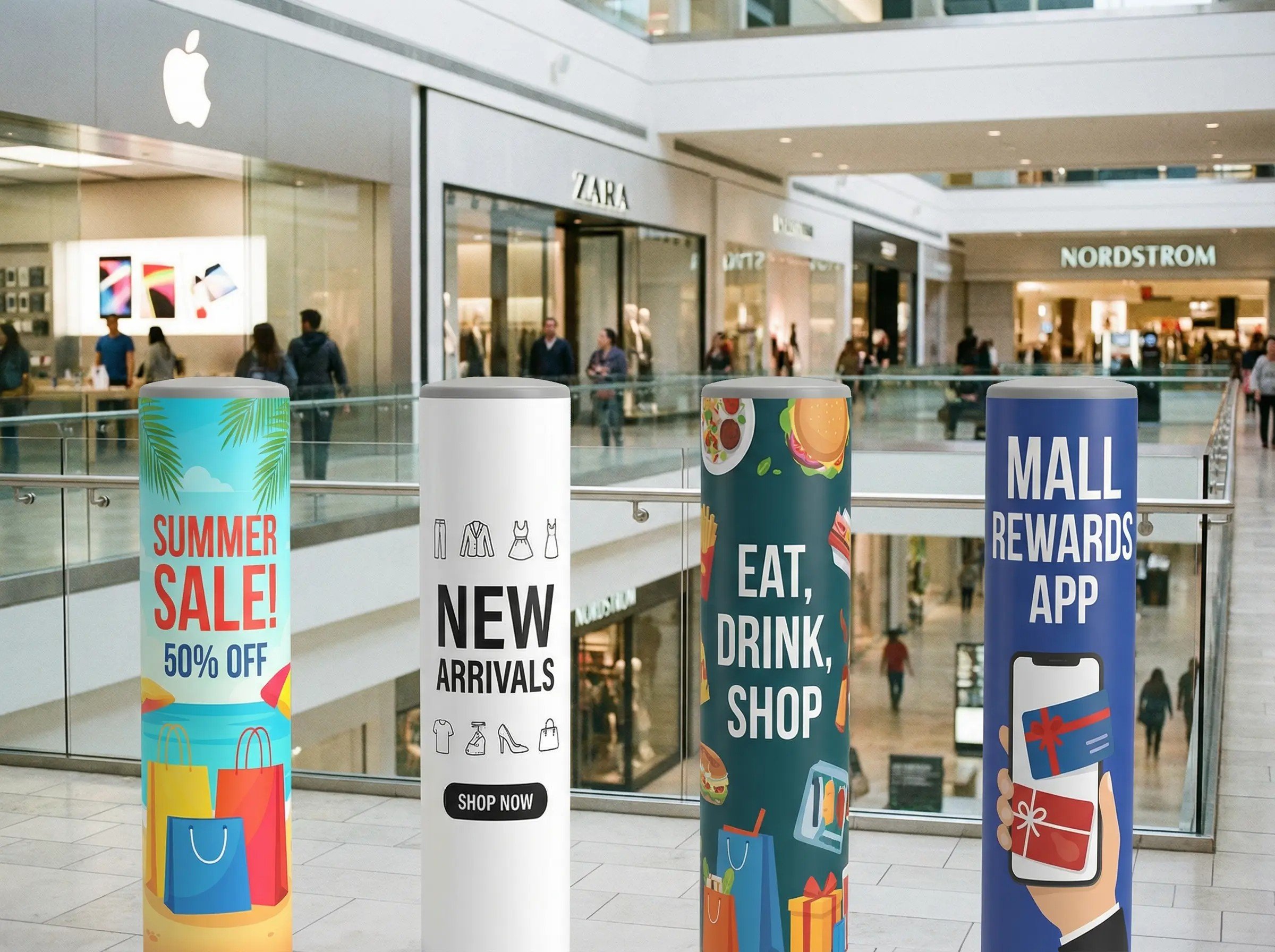 Four cylindrical signs with advertisements inside a shopping mall. The first sign promotes a summer sale with 50% off, featuring colorful shopping bags and palm leaves. The second sign announces new arrivals with icons of clothing, shoes, and bags. T