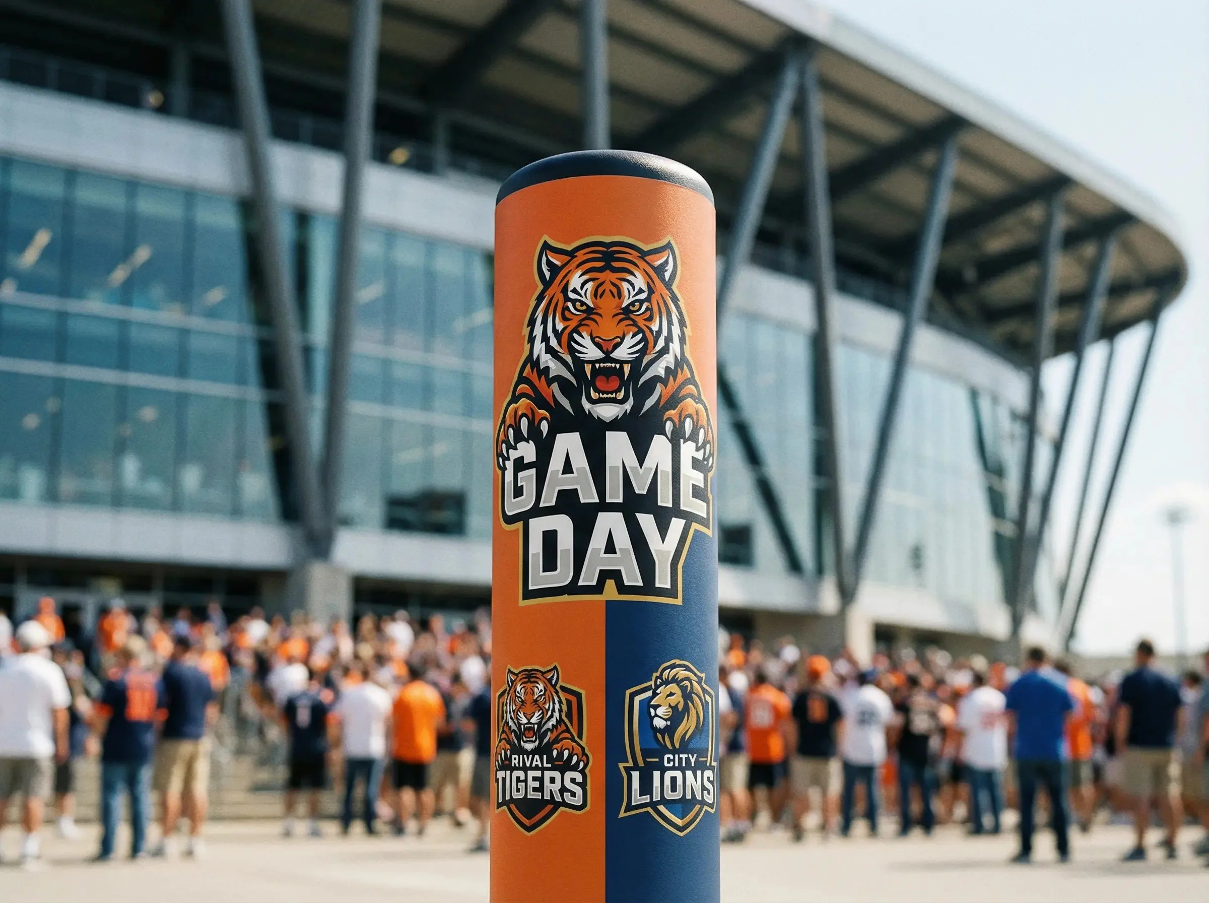 A decorative pole with a tiger graphic and the words 'Game Day' in front of a crowd of sports fans and a stadium.