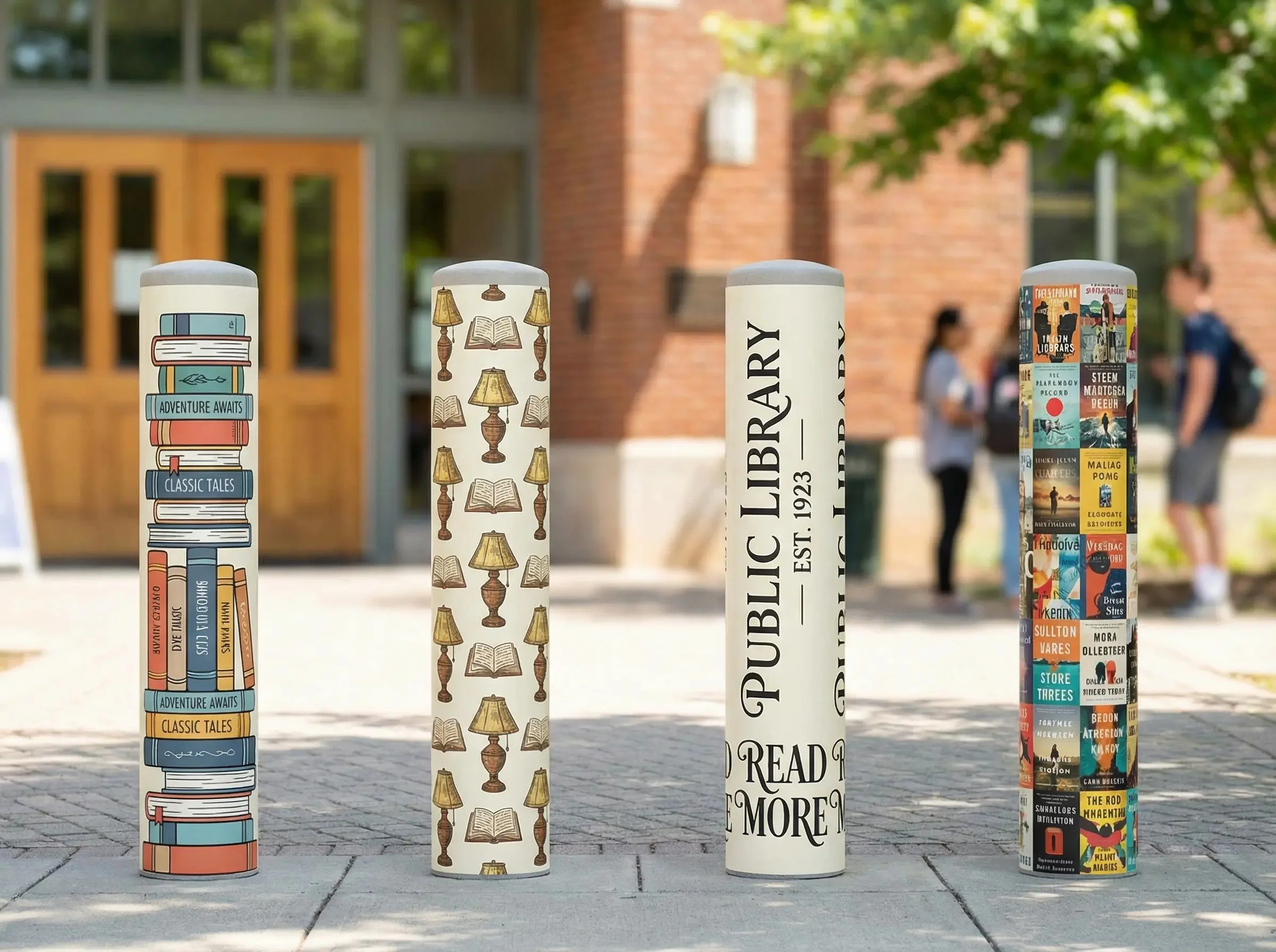 Four cylindrical book-themed sculptures with different designs, displayed outdoors on a sidewalk with a school building and a few people in the background.