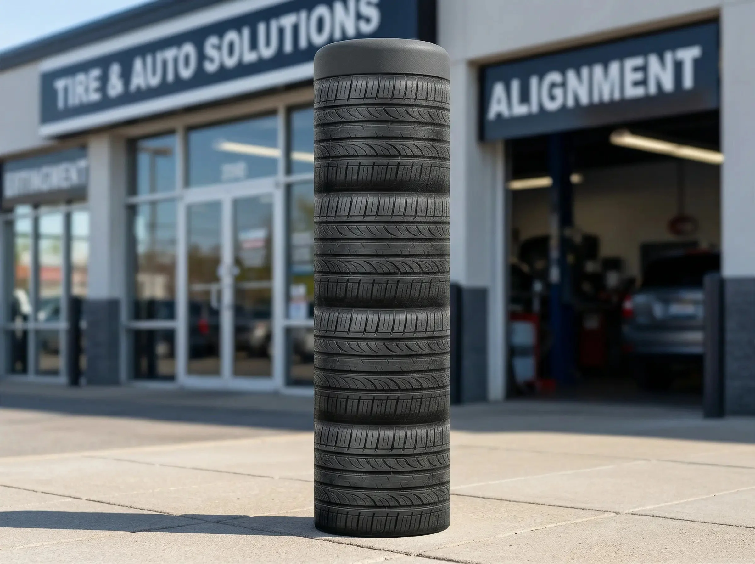Stack of tires in front of an auto shop with signs for tire and auto solutions and alignment.