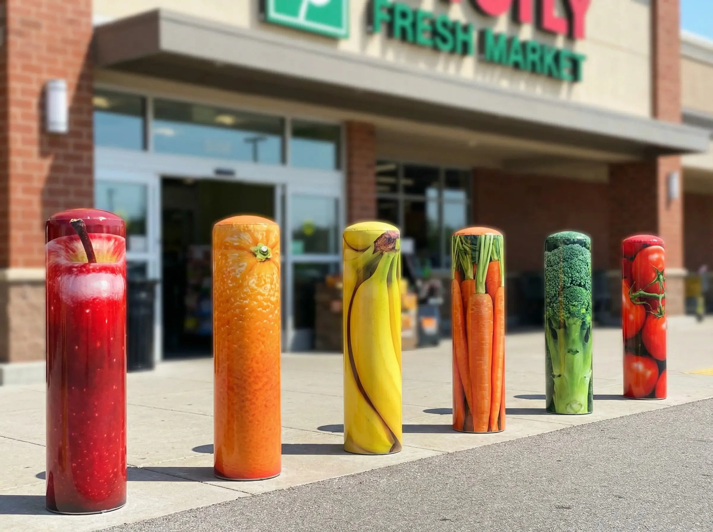 Line of six colorful trash bins outside a grocery store, each decorated with images of different fruits and vegetables: apple, orange, banana, carrots, broccoli, and tomatoes.