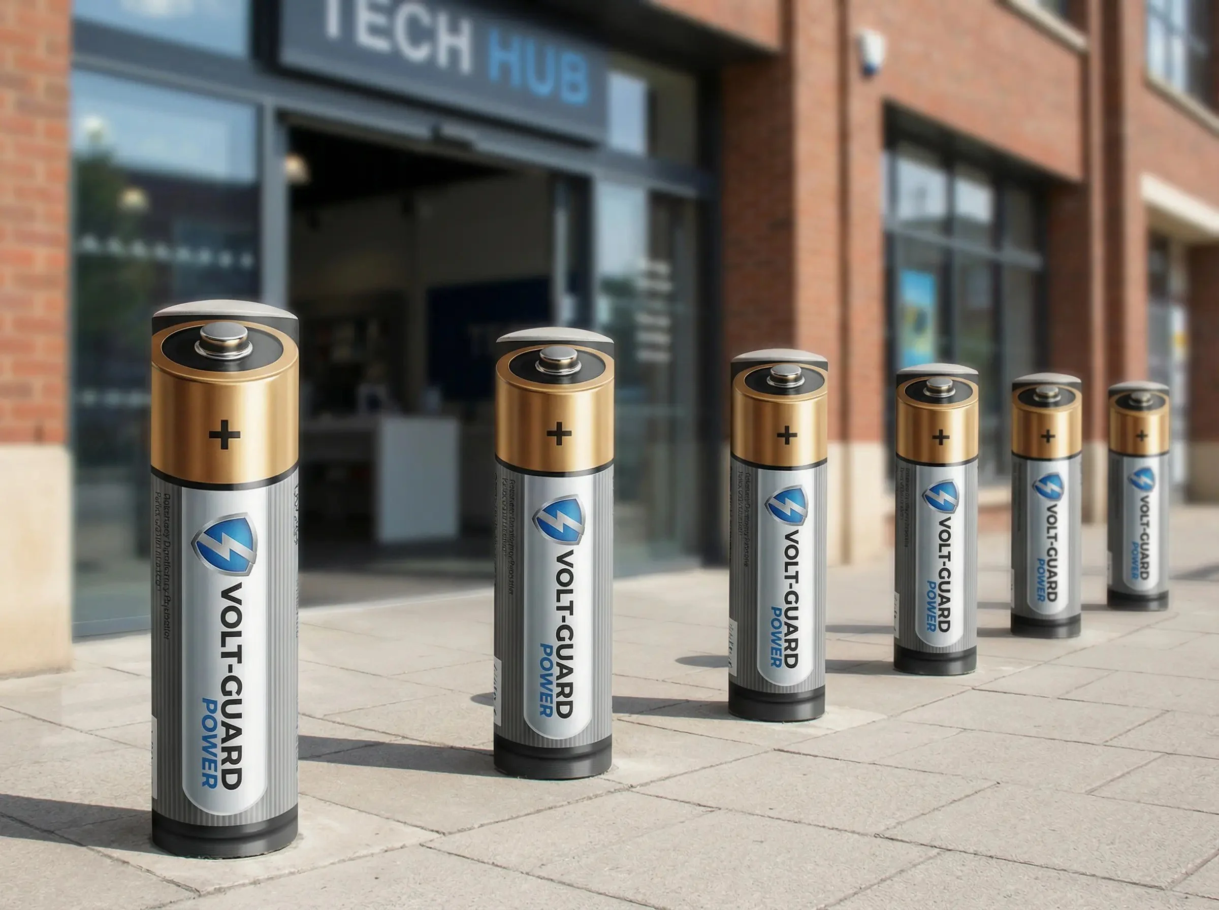 Five large batteries with gold and silver coloring and a lightning bolt symbol are lined up outdoors in front of a building with a sign reading 'TECH HUB'.