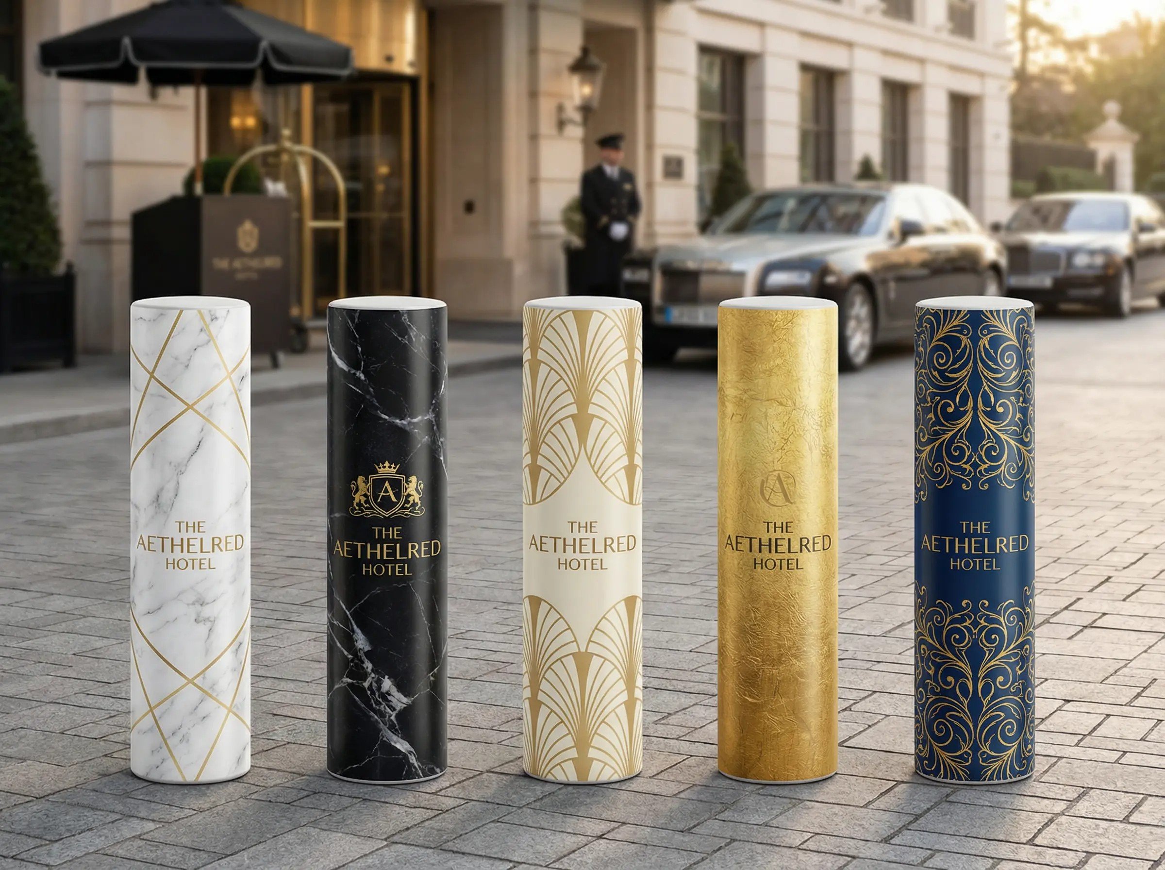 Five decorative cylindrical columns lined up on a sidewalk in front of a hotel entrance. Each column has a marble or gold or ornate design with the text "The Athelred Hotel".