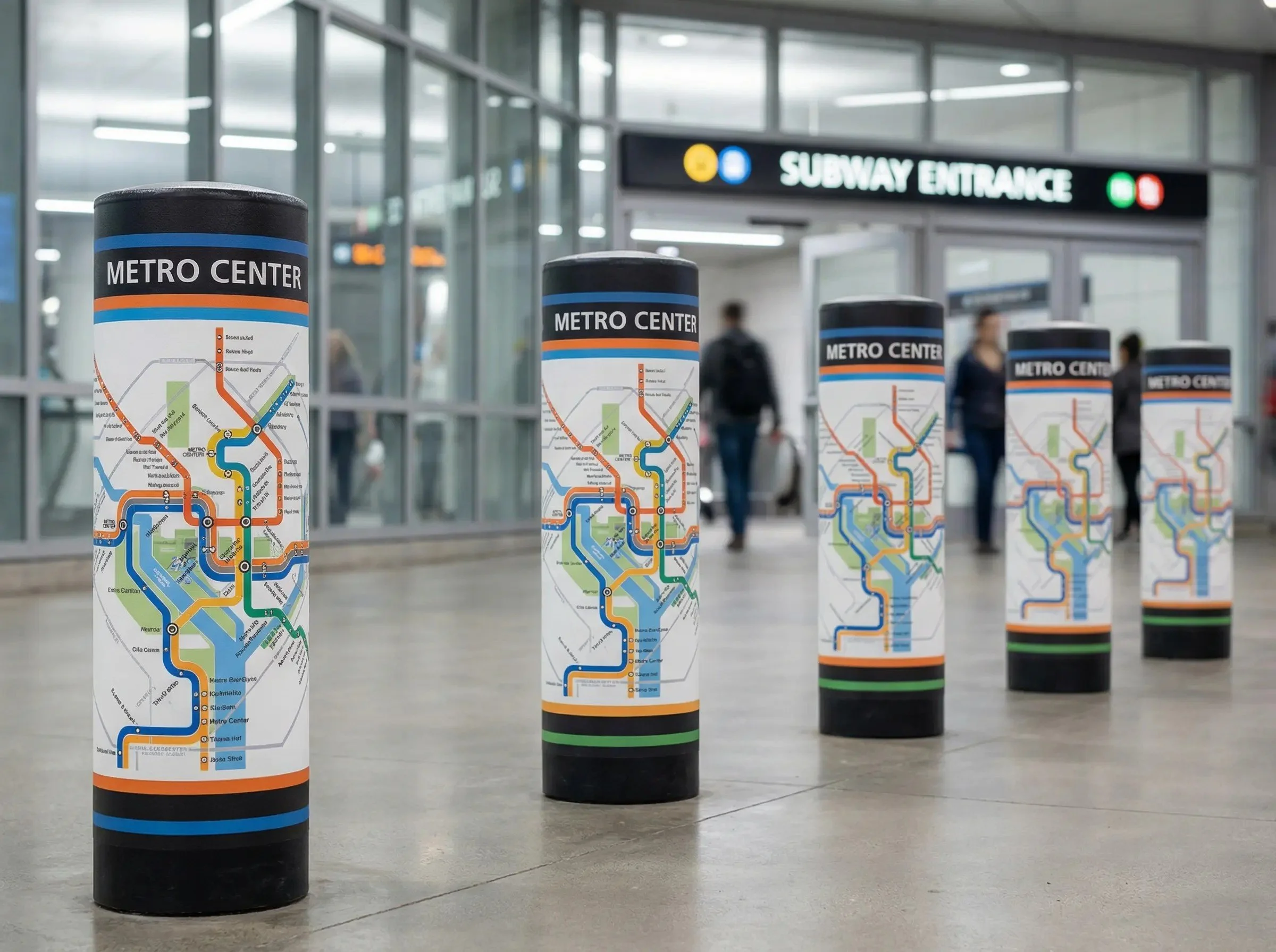 Four cylindrical pillars with subway map designs inside an indoor airport or transit station. The background features an entrance with a sign reading 'Subway Entrance' and several people walking by.