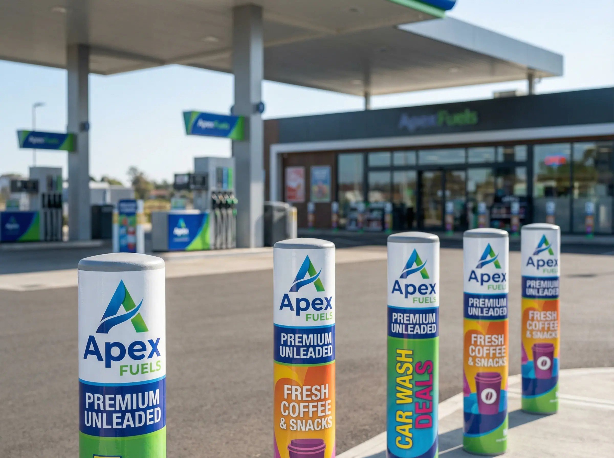 A gas station with fuel pumps in the background and five white bollards in the foreground, each displaying labels for Apex Fuels, premium unleaded, and fresh coffee & snacks.
