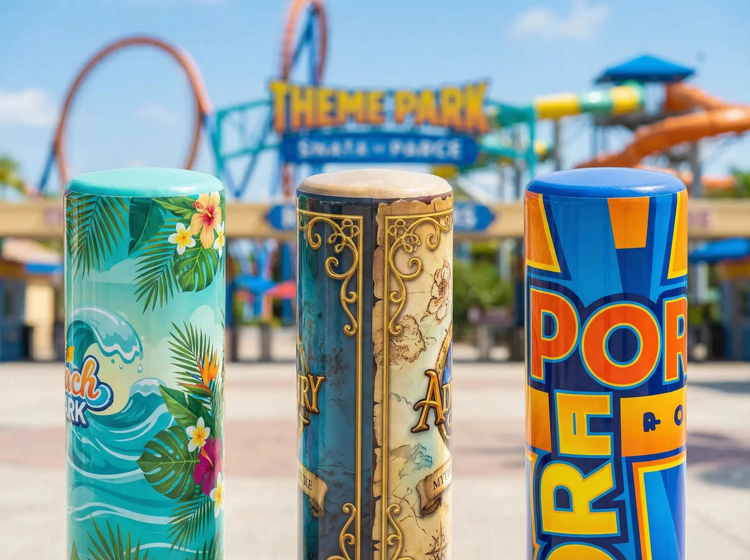 Three cylindrical fireworks in colorful packaging stand in front of an amusement park with roller coaster and a sign in the background. The fireworks are decorated with tropical, medieval, and comic book themes.
