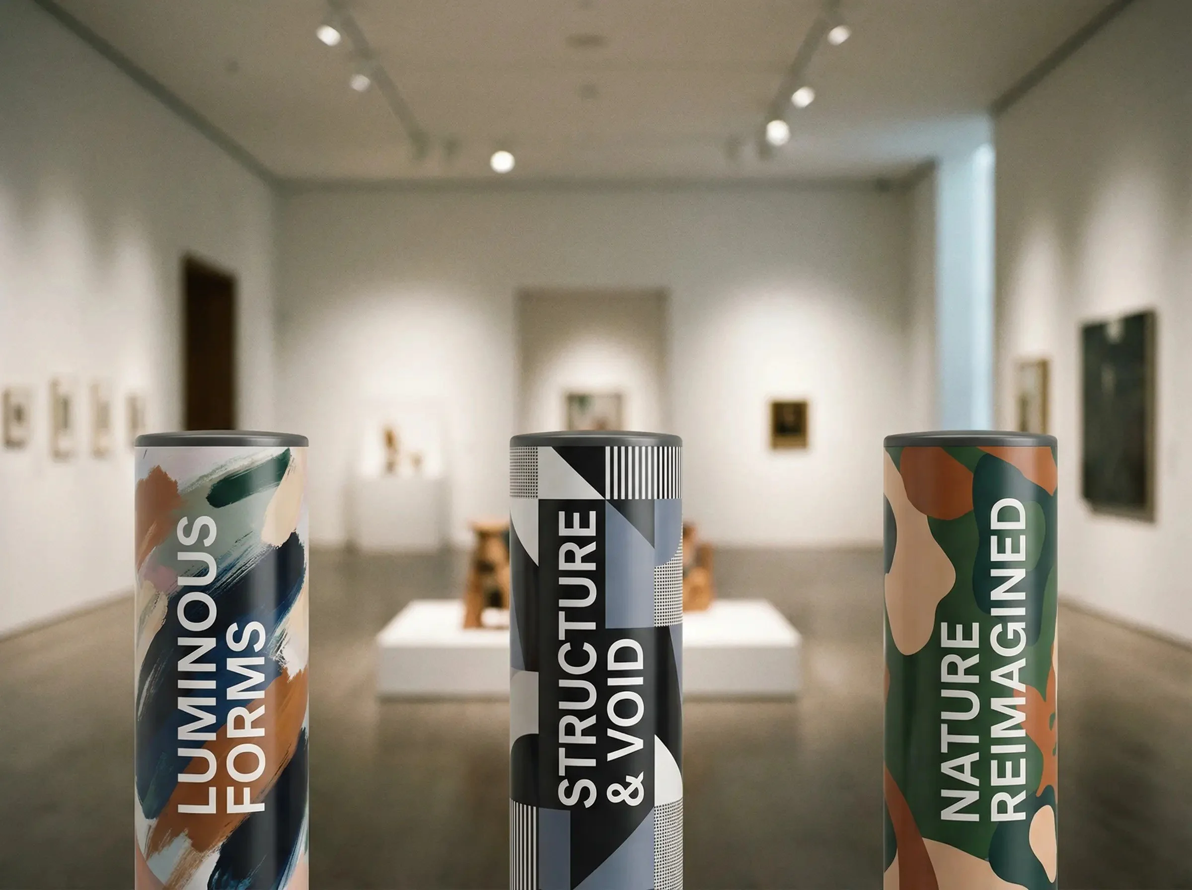 Three cylindrical cans with artistic designs and text, displayed on a table in an art gallery with framed artwork on white walls in the background.