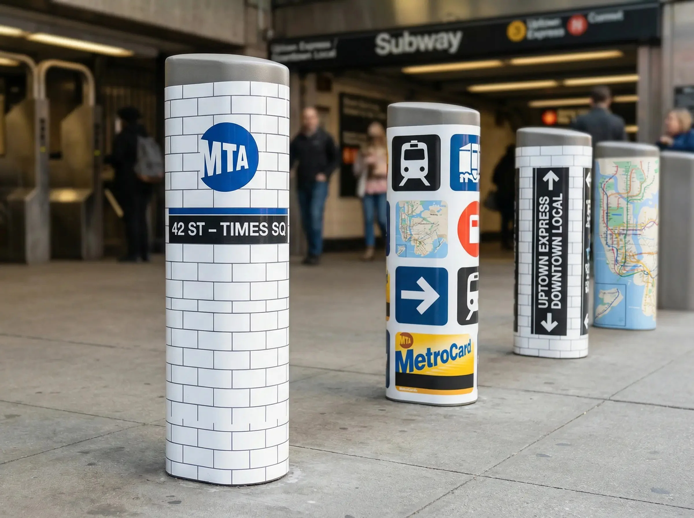 Multiple cylindrical trash receptacles with subway and transportation signage outside a subway station entrance. One has the MTA logo and a sign for 42nd Street - Times Square, others have symbols for trains, buses, and directions.