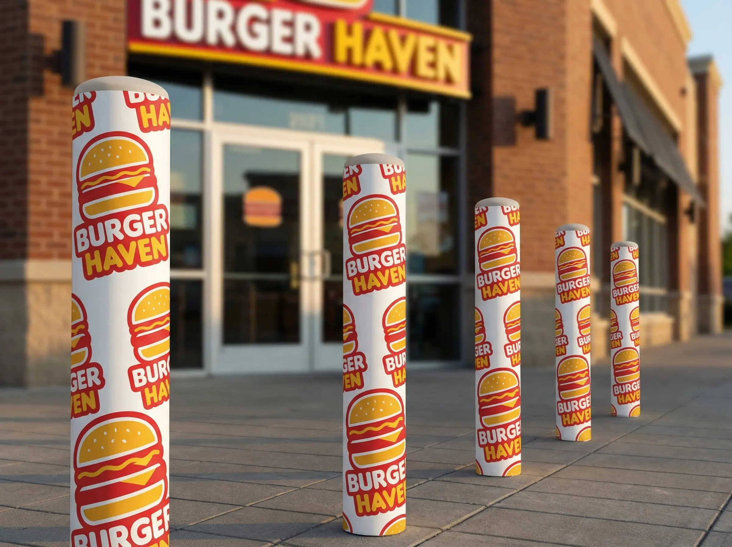 Six white bollards with a Burger Haven logo, featuring a hamburger illustration and the text 'Burger Haven' in red and yellow, are positioned outside a restaurant entrance on a sidewalk, with a brick building and glass doors in the background.