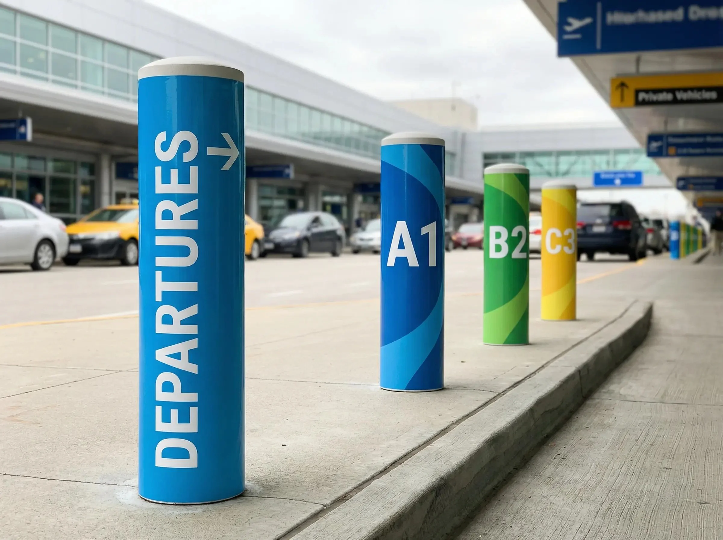 Colorful bollards with labels for departure gates at an airport, including DEPARTURES, A1, B2, and C3, with cars parked in the background.