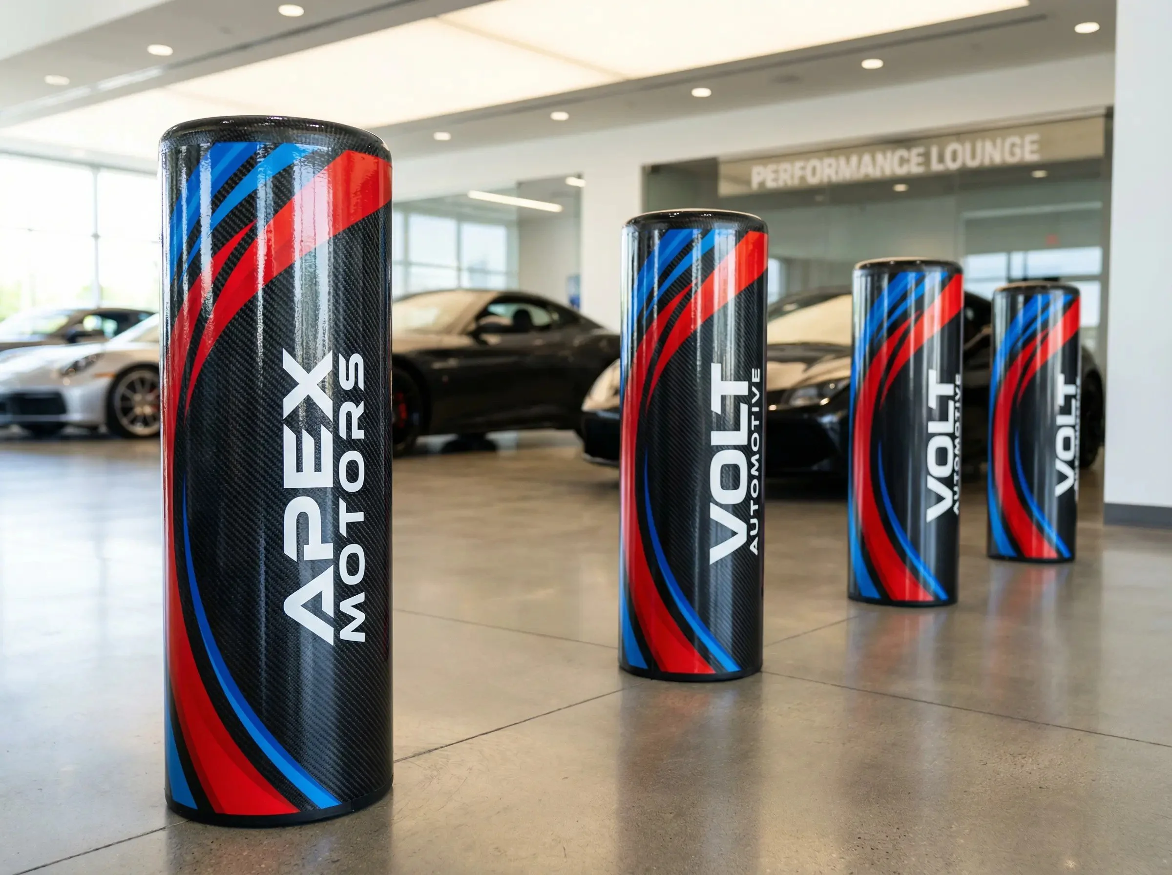Four vertical cylindrical promotional displays with the AXE logo and red, blue, and black stripes in a car dealership showroom, with cars and a "Performance Lounge" sign in background.