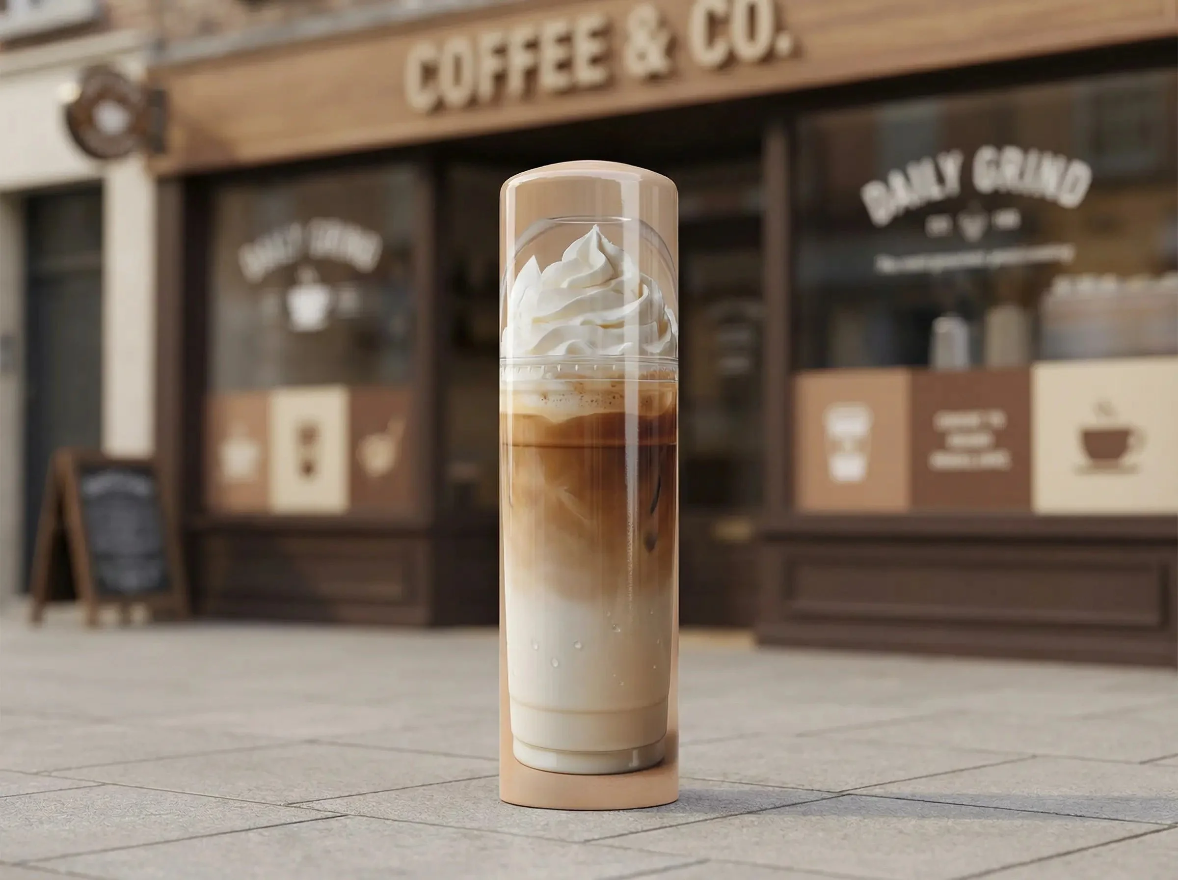 A tall plastic container of iced coffee with whipped cream on top, placed outside a coffee shop.